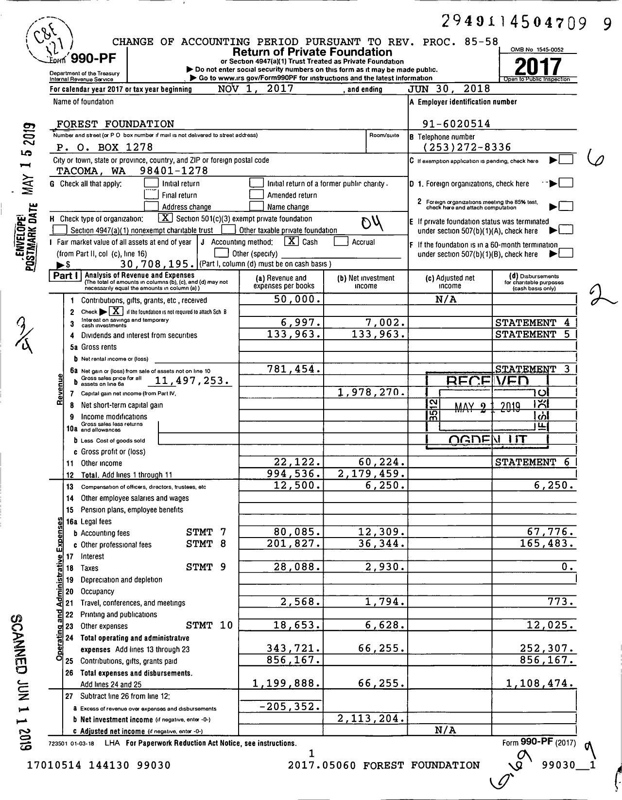 Image of first page of 2017 Form 990PF for Forest Foundation