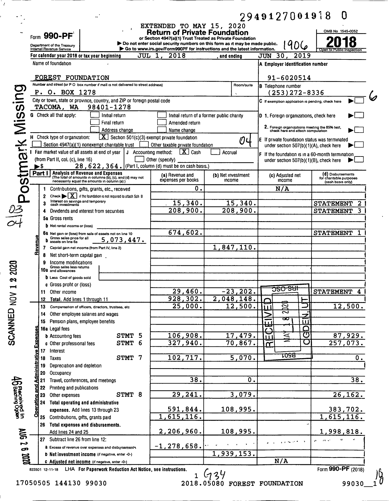 Image of first page of 2018 Form 990PF for Forest Foundation