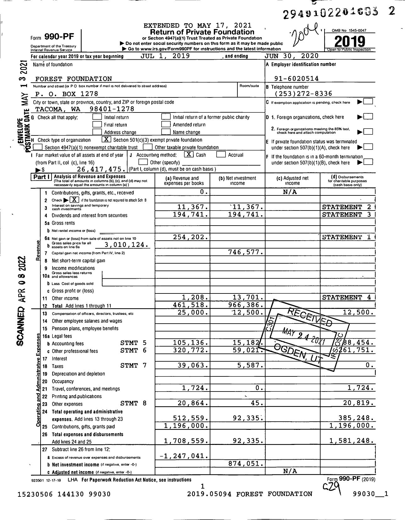 Image of first page of 2019 Form 990PF for Forest Foundation