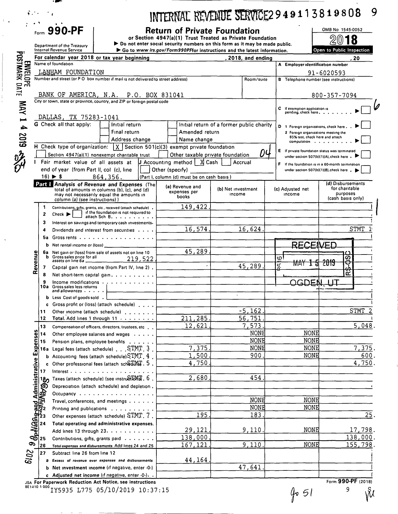 Image of first page of 2018 Form 990PF for Lanham Foundation