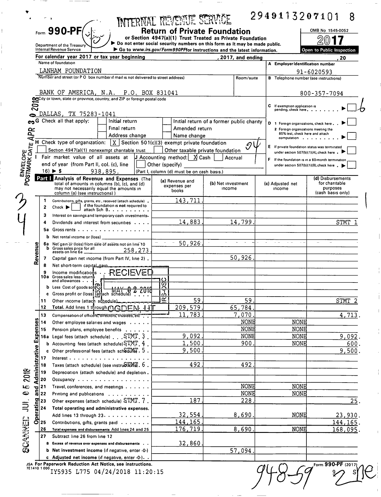 Image of first page of 2017 Form 990PF for Lanham Foundation