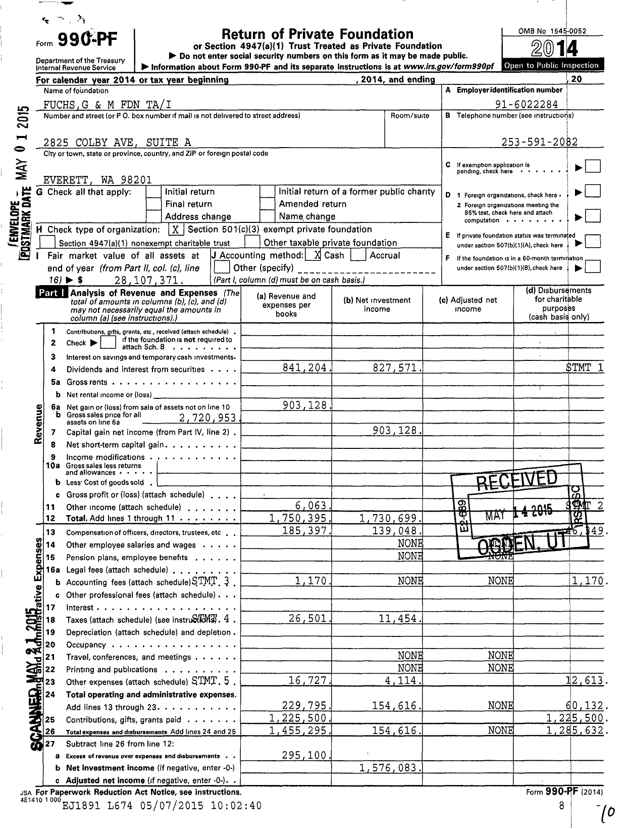 Image of first page of 2014 Form 990PF for Fuchs and M Foundation Tai