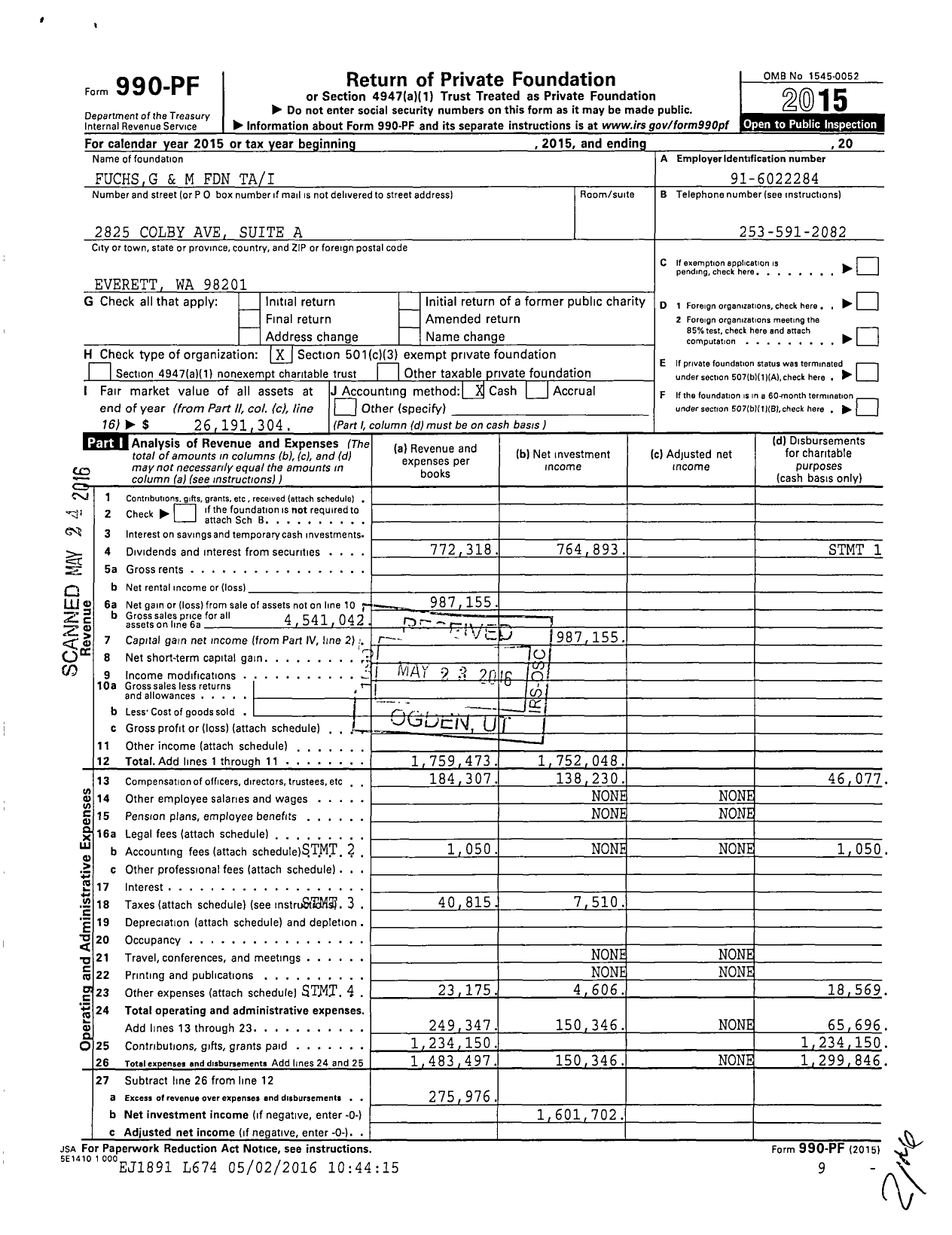Image of first page of 2015 Form 990PF for Fuchs and M Foundation Tai