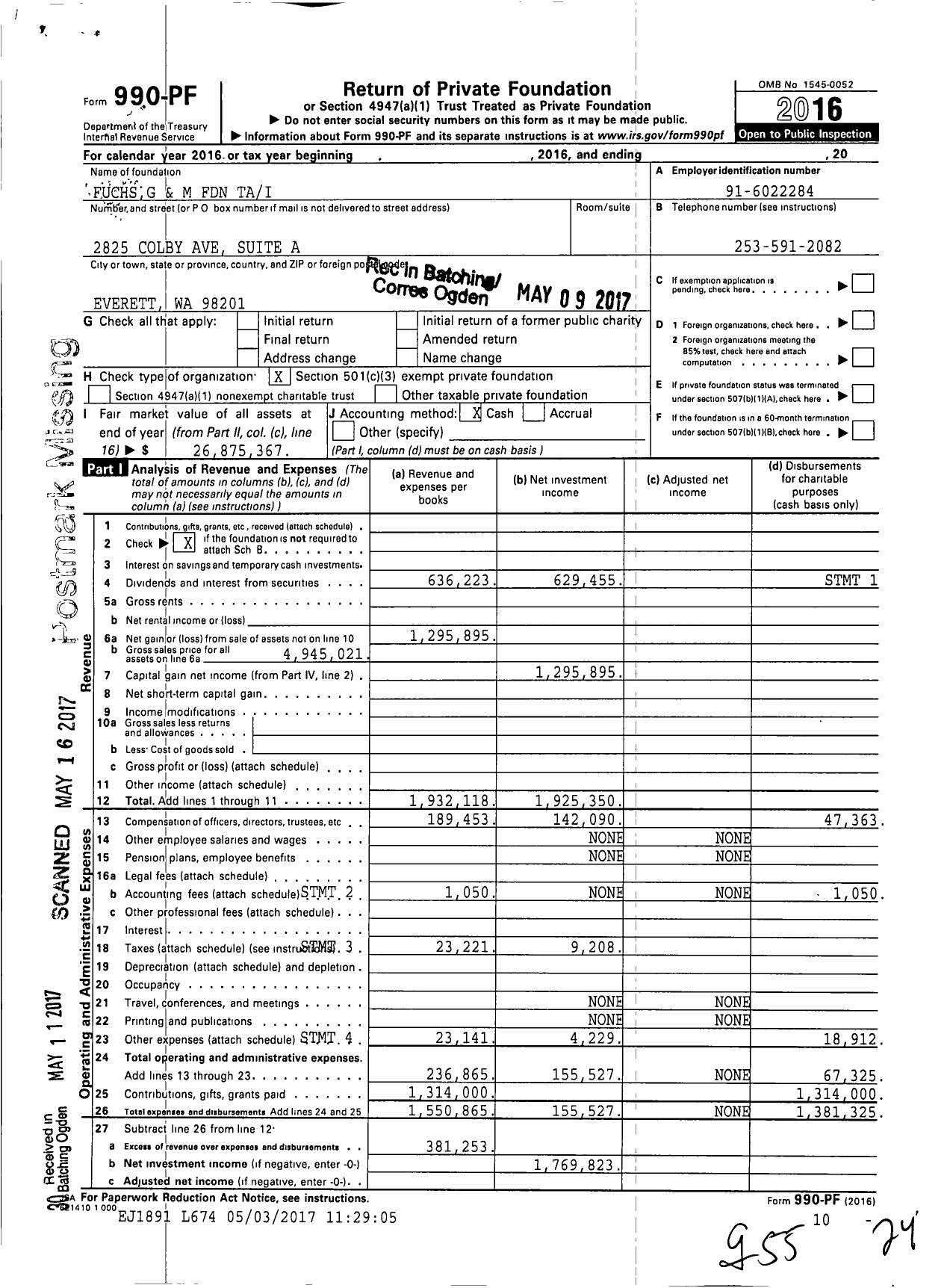 Image of first page of 2016 Form 990PF for Fuchs and M Foundation Tai