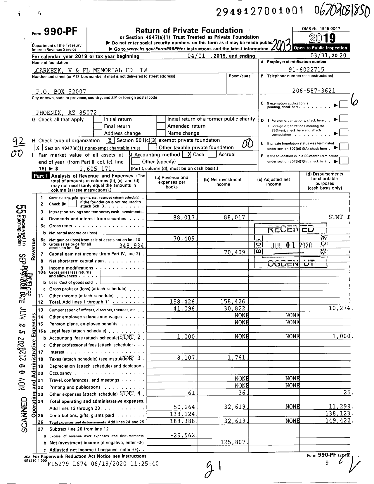 Image of first page of 2019 Form 990PF for Carkeek V and FL Memorial FD TW