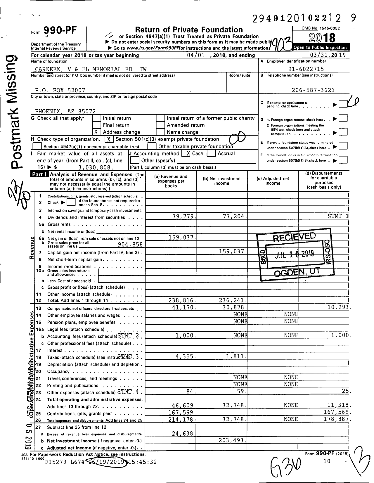 Image of first page of 2018 Form 990PF for Carkeek V and FL Memorial FD TW