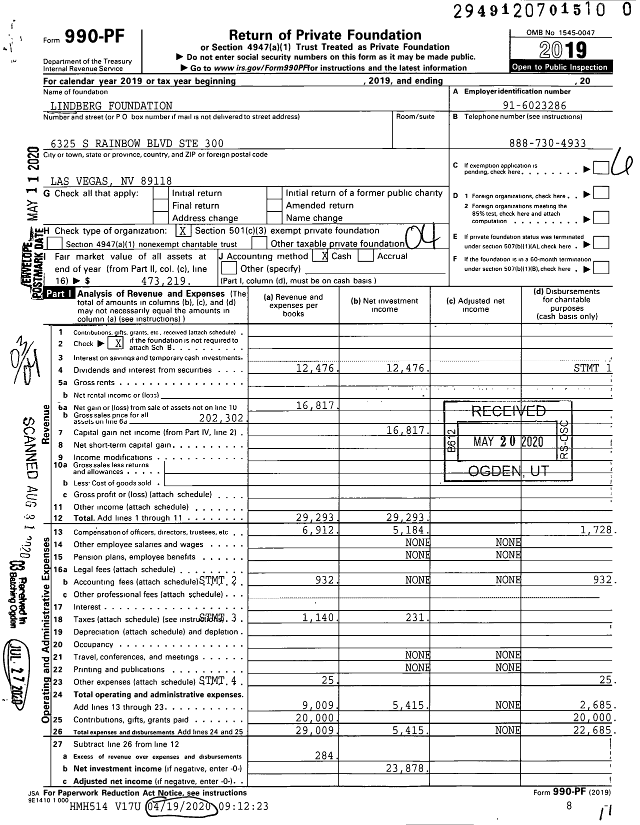 Image of first page of 2019 Form 990PR for Lindberg Foundation