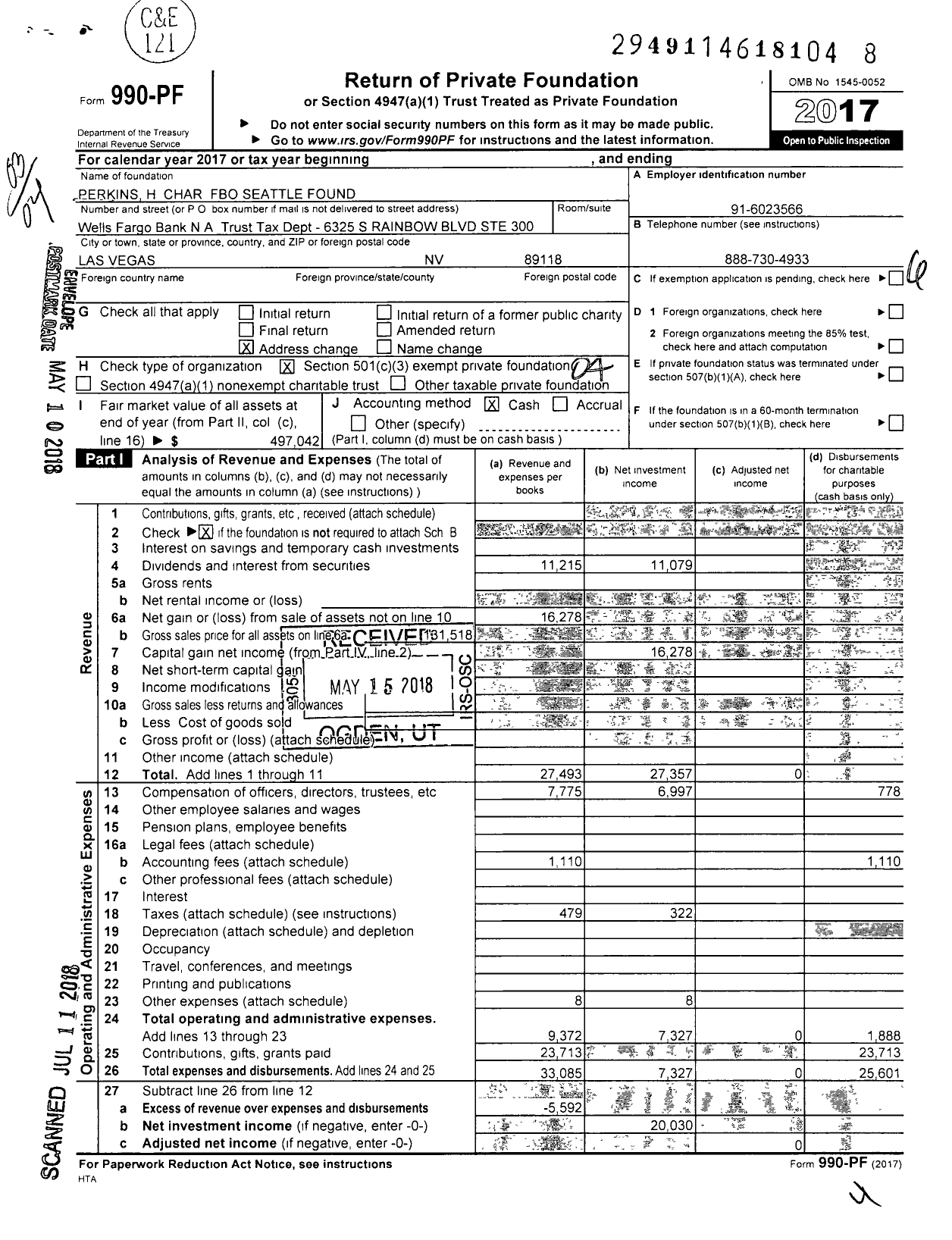 Image of first page of 2017 Form 990PF for Perkins H Char Fbo Seattle Found