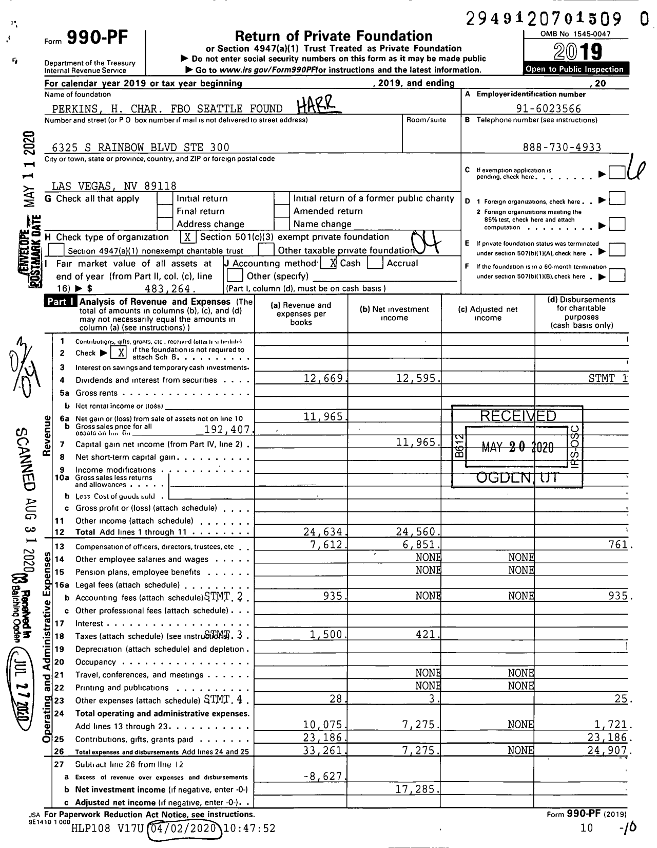 Image of first page of 2019 Form 990PR for Perkins H Char Fbo Seattle Found