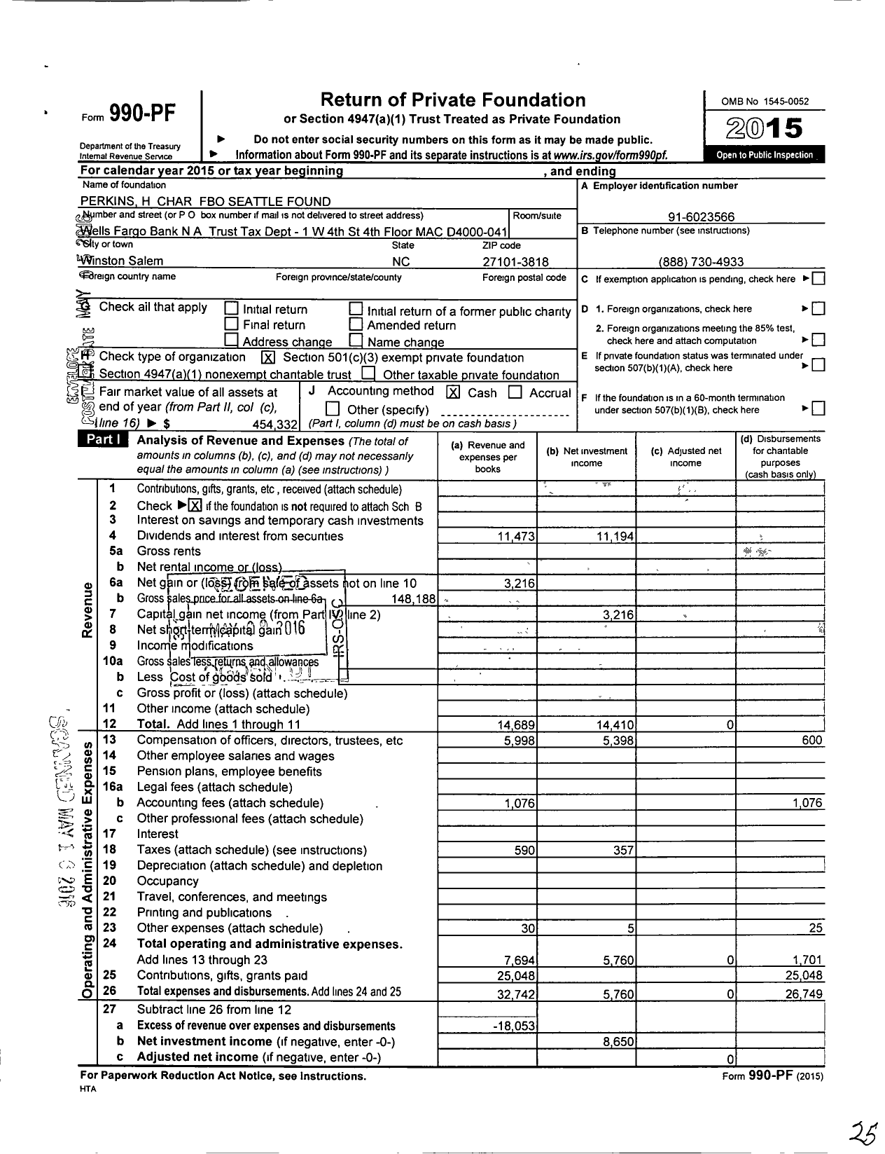 Image of first page of 2015 Form 990PF for Perkins H Char Fbo Seattle Found