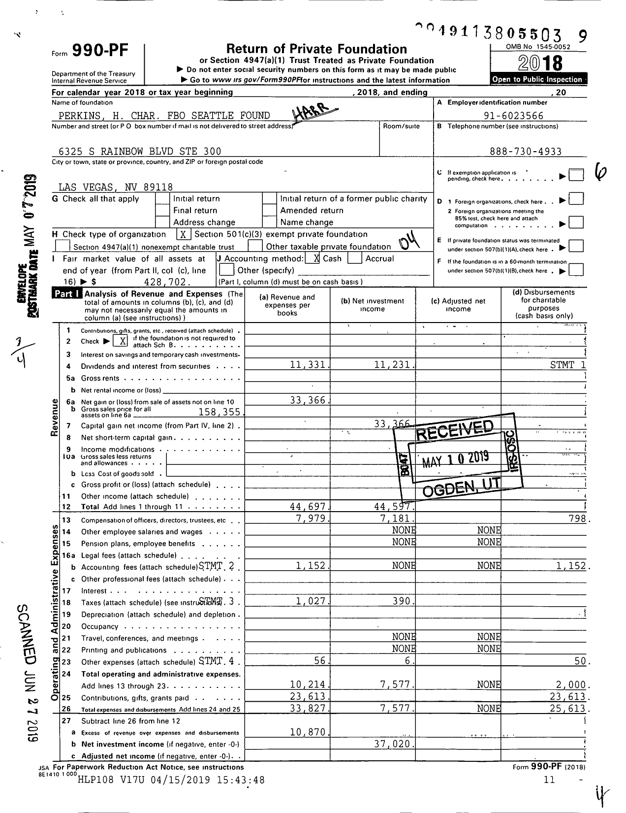 Image of first page of 2018 Form 990PF for Perkins H Char Fbo Seattle Found