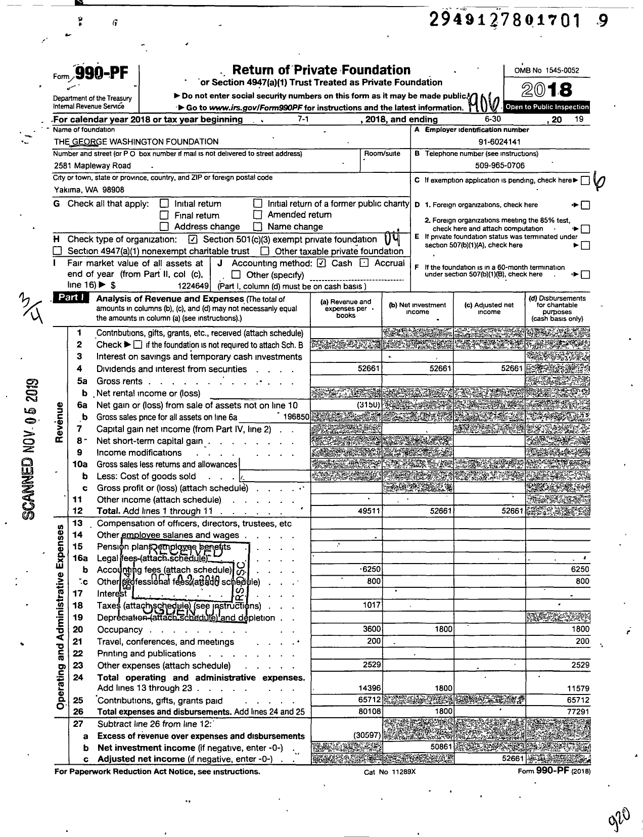 Image of first page of 2018 Form 990PF for George Washington Foundation