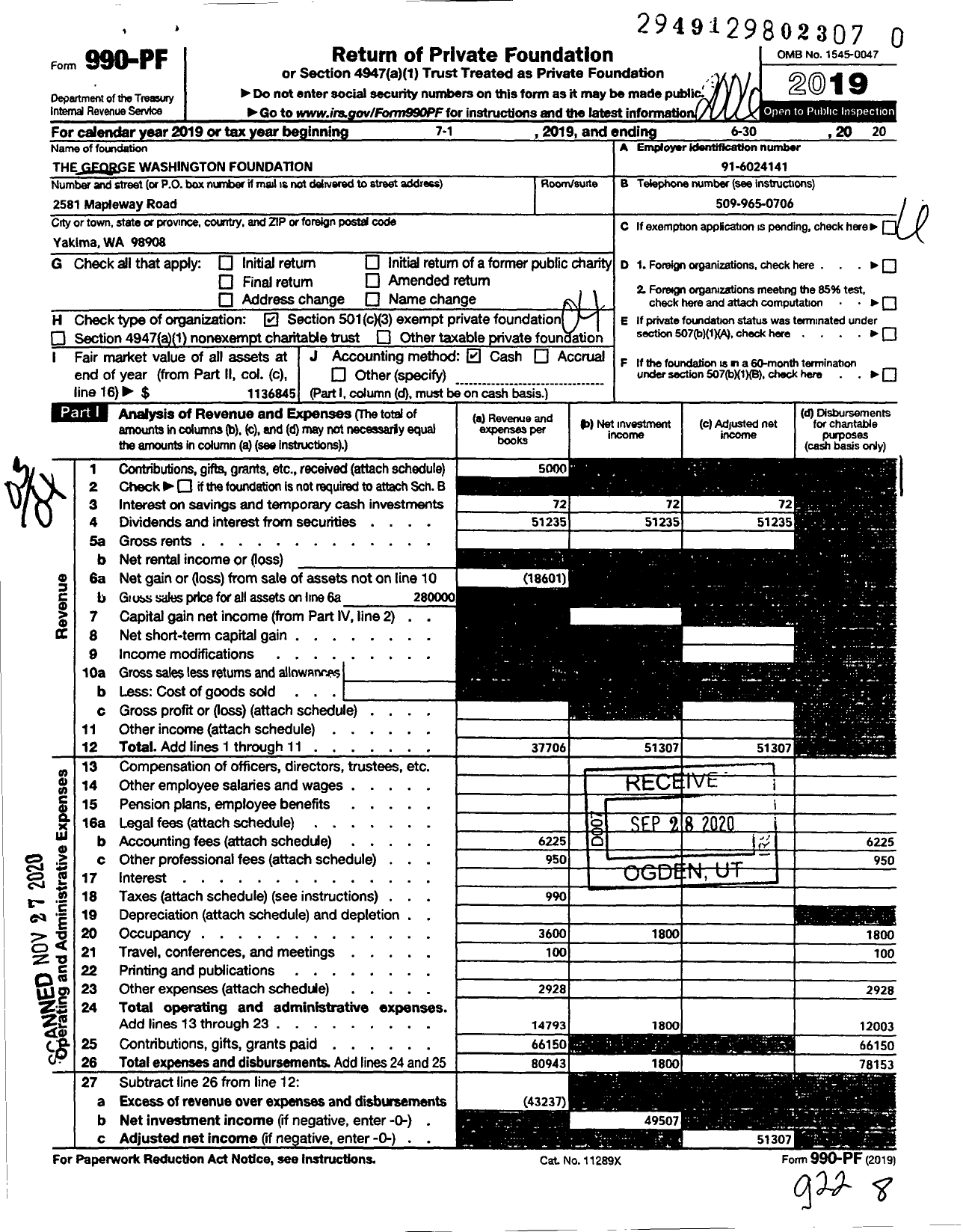 Image of first page of 2019 Form 990PF for George Washington Foundation