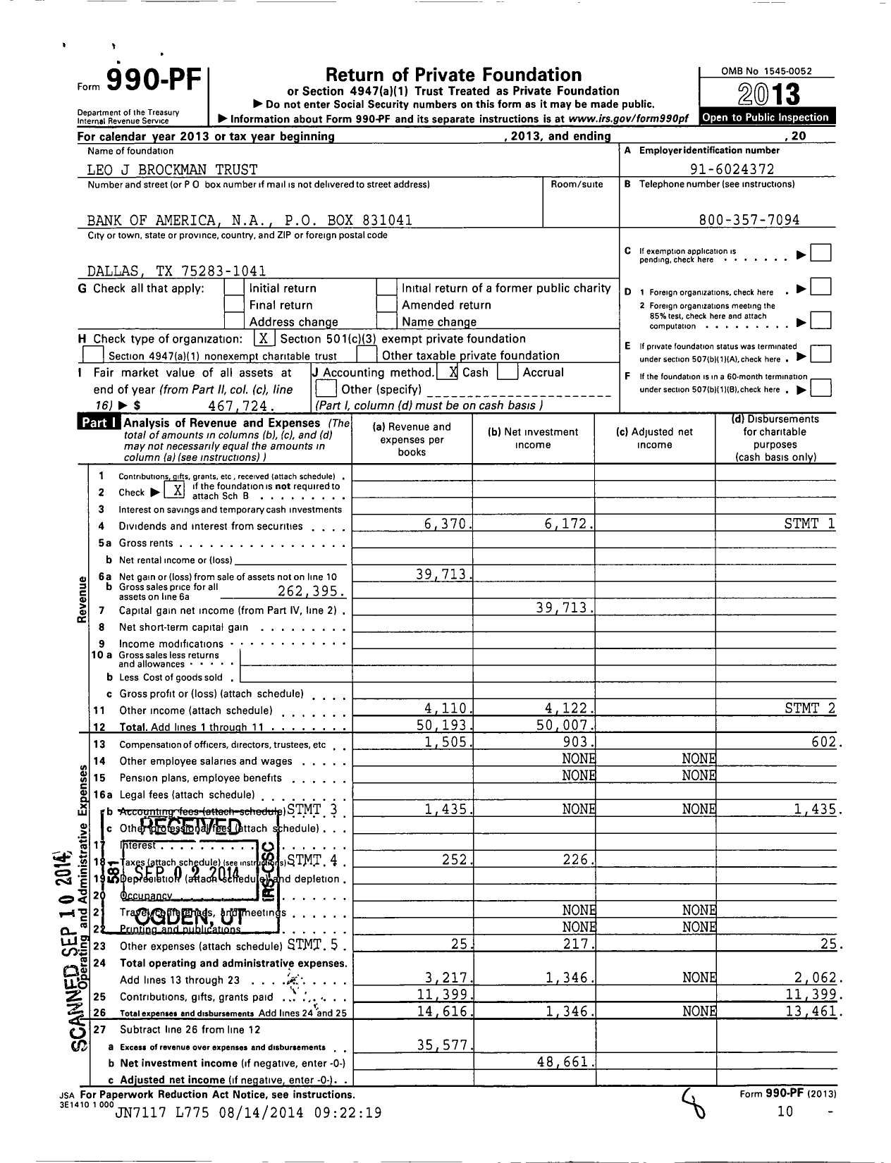 Image of first page of 2013 Form 990PF for Leo J Brockman Trust