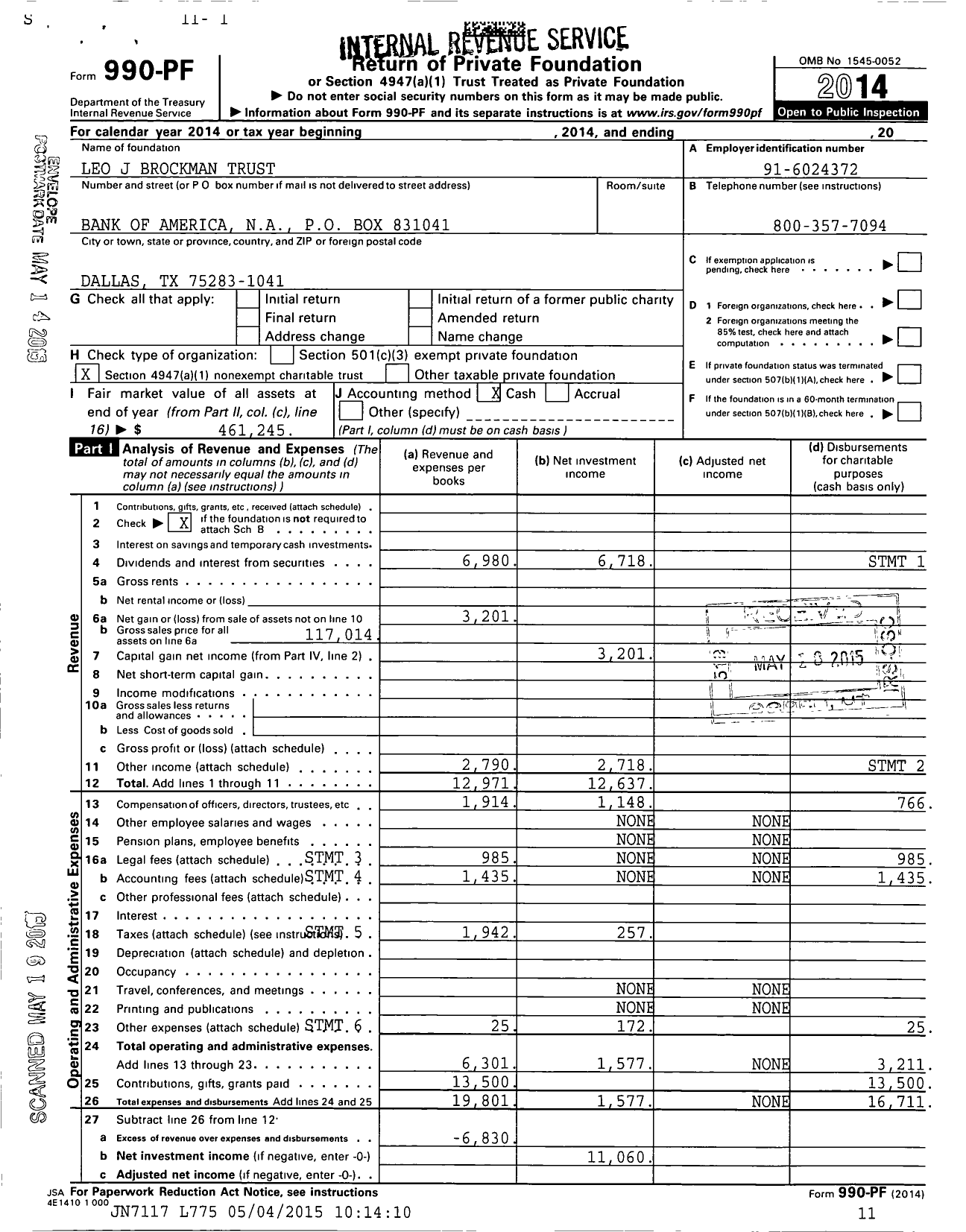 Image of first page of 2014 Form 990PF for Leo J Brockman Trust