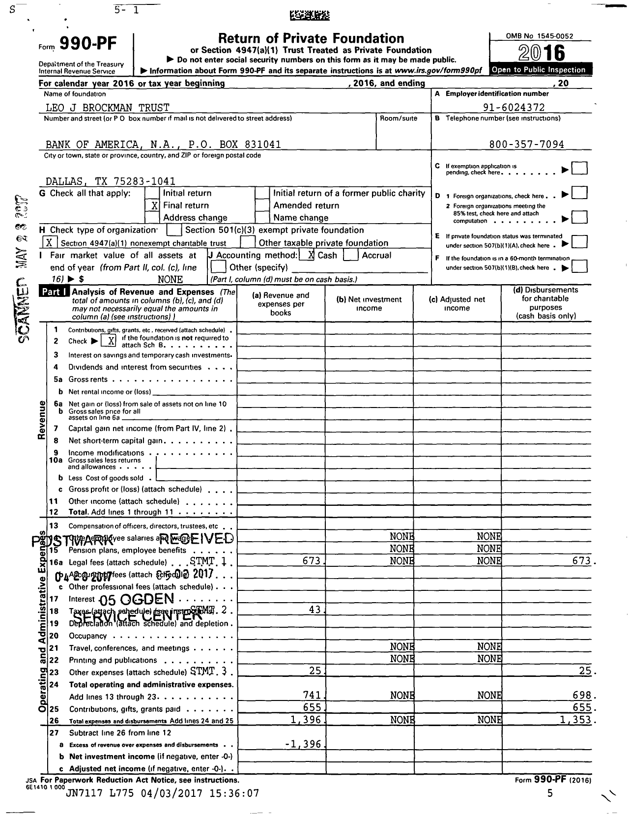 Image of first page of 2016 Form 990PF for Leo J Brockman Trust