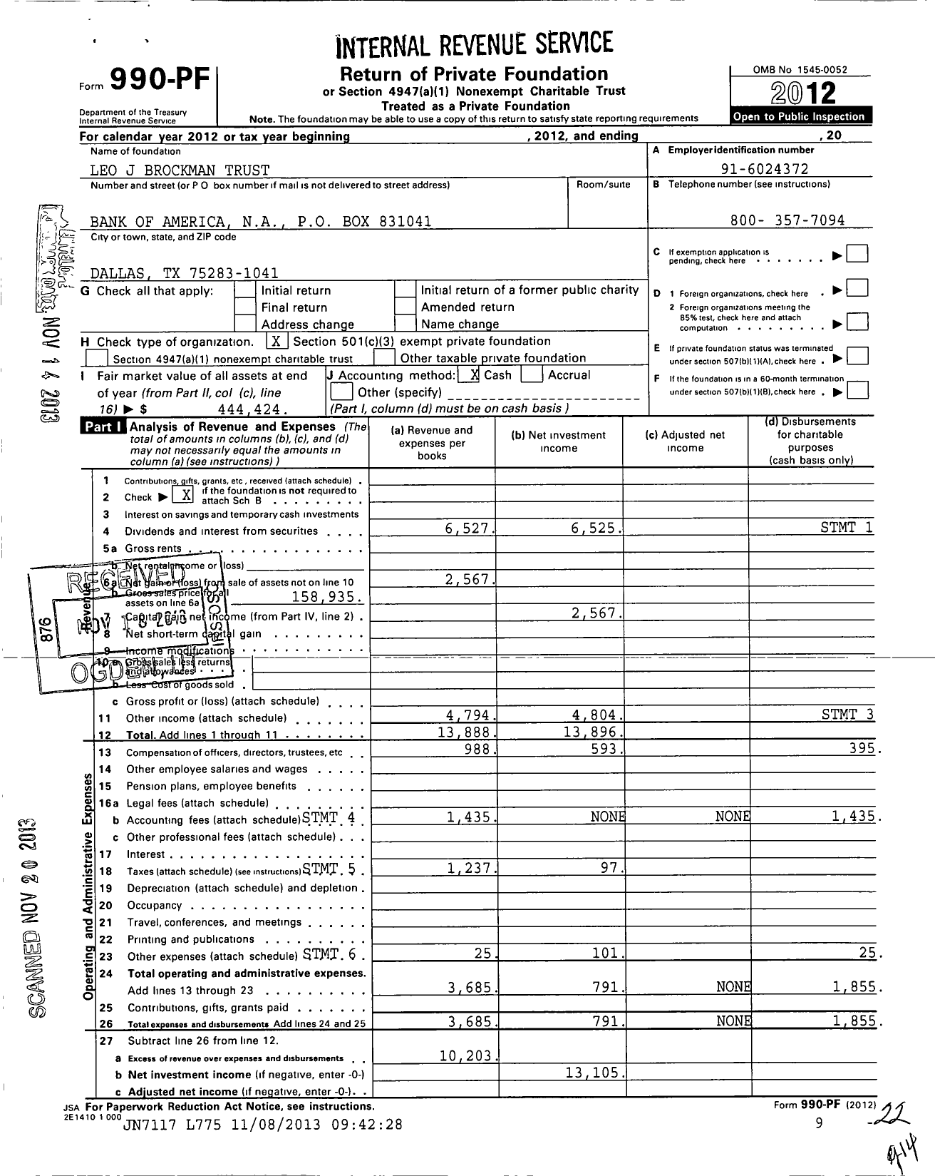 Image of first page of 2012 Form 990PF for Leo J Brockman Trust