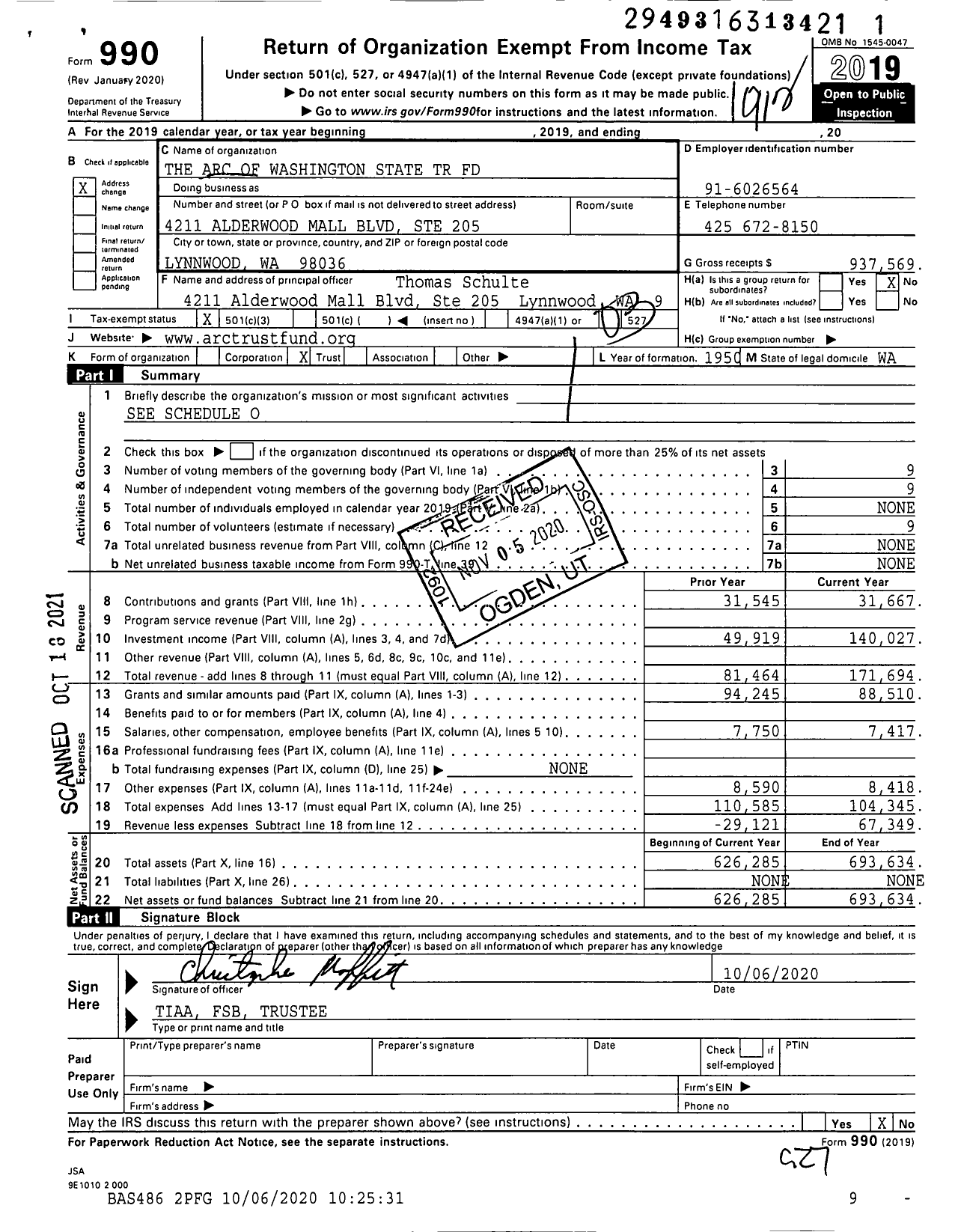 Image of first page of 2019 Form 990 for Arc of Washington State Trust Fund