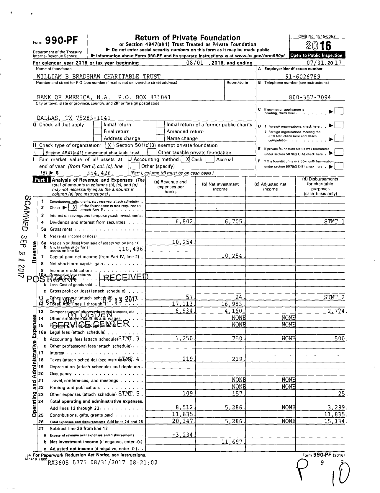 Image of first page of 2016 Form 990PF for William B Bradshaw Charitable Trust