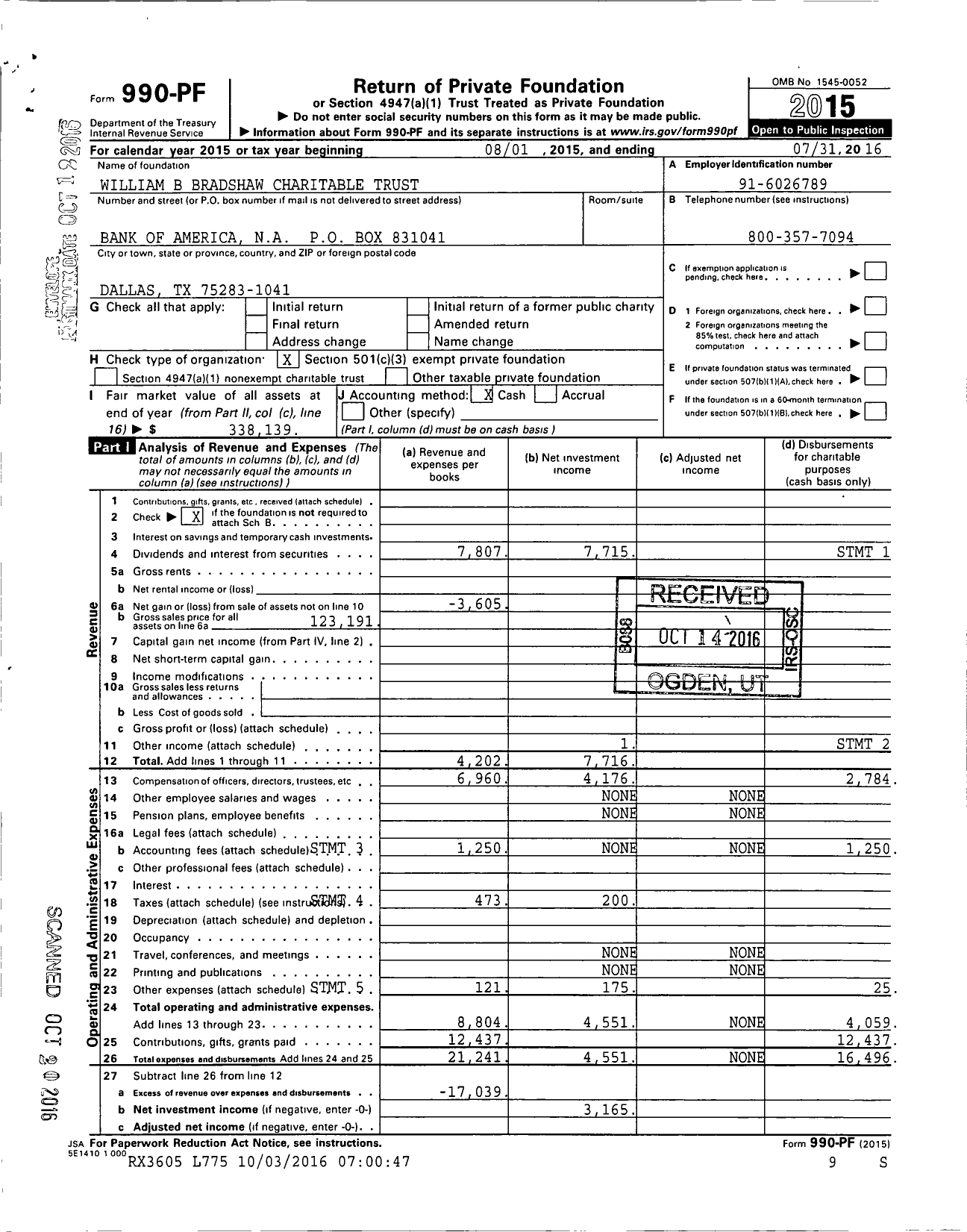 Image of first page of 2015 Form 990PF for William B Bradshaw Charitable Trust