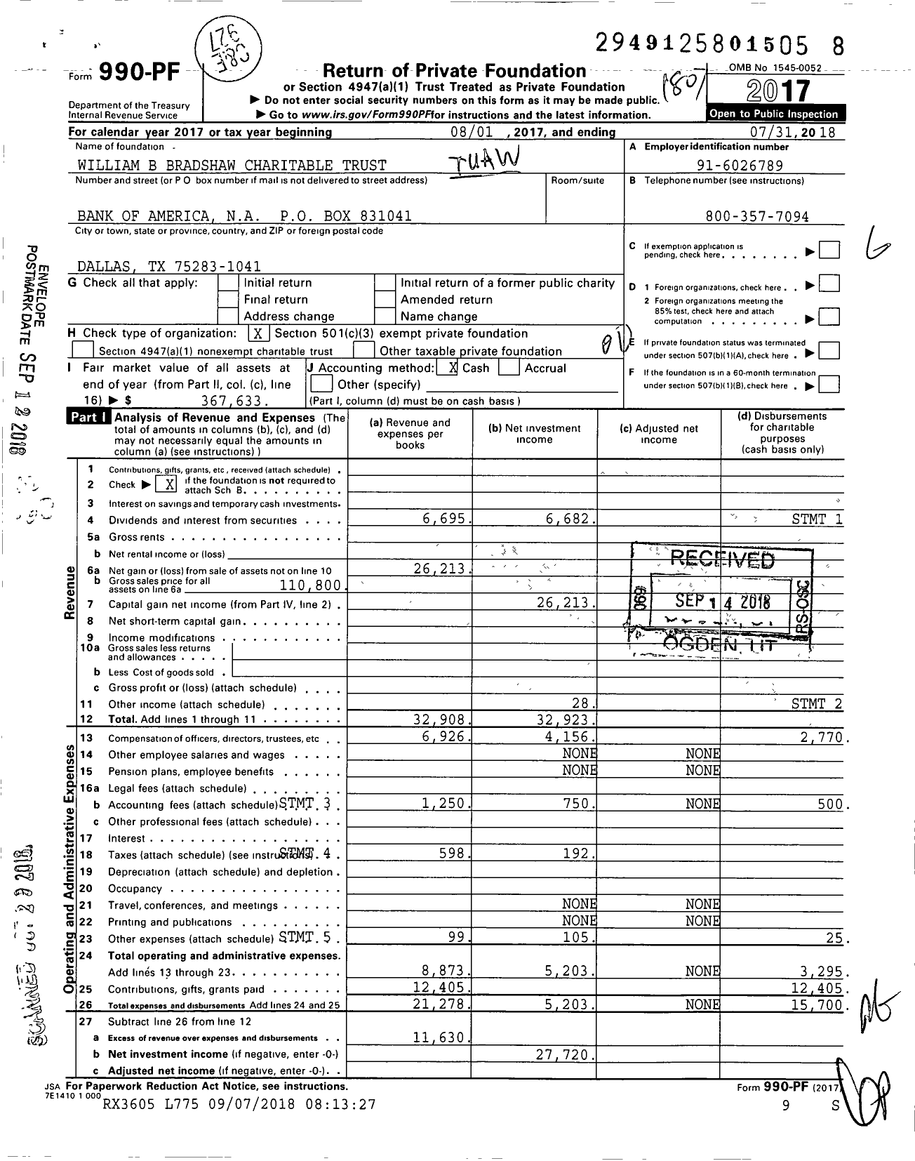 Image of first page of 2017 Form 990PF for William B Bradshaw Charitable Trust