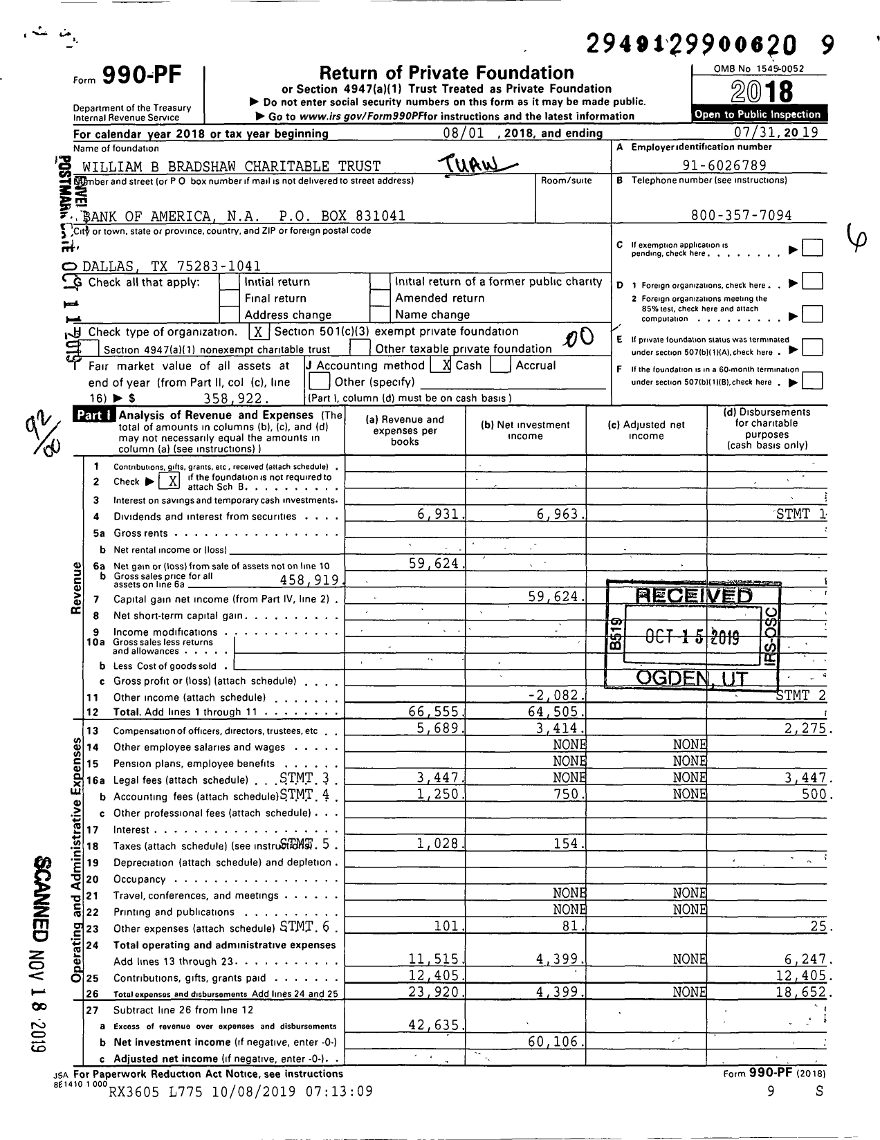 Image of first page of 2018 Form 990PF for William B Bradshaw Charitable Trust