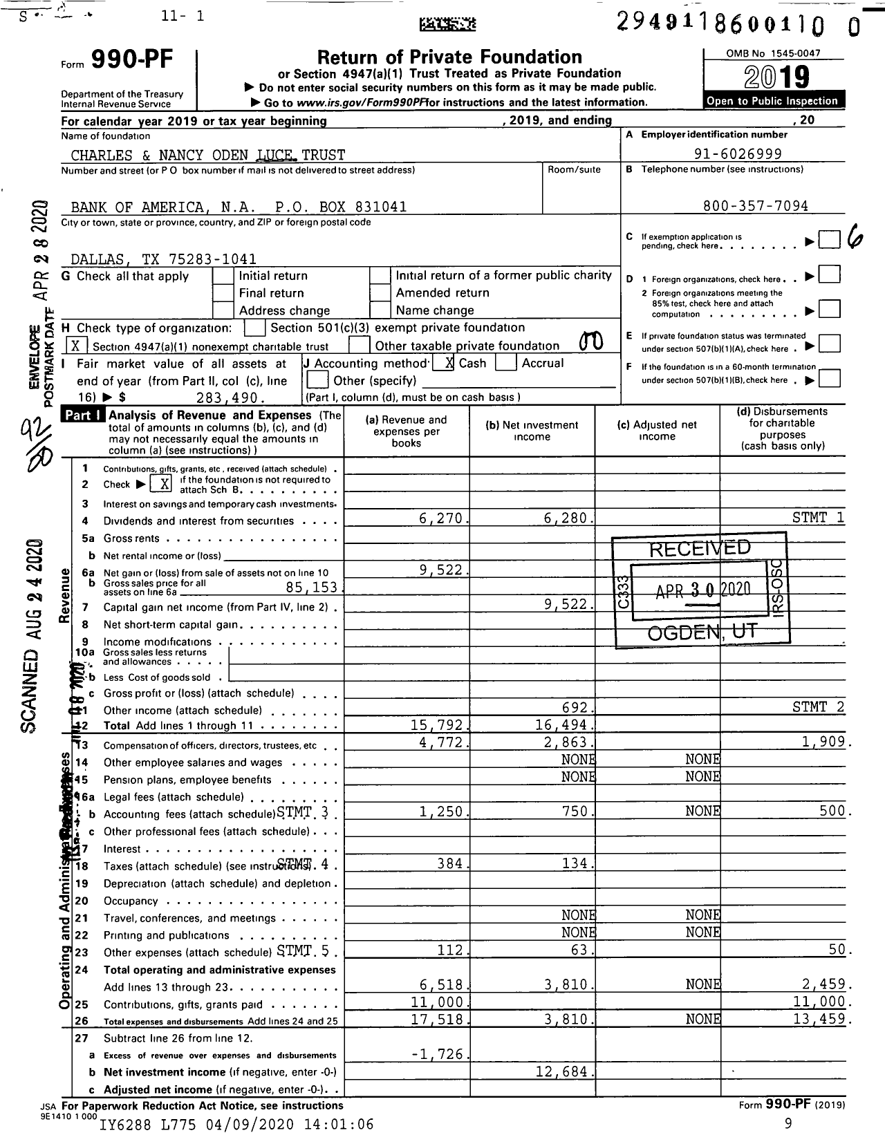 Image of first page of 2019 Form 990PR for Charles and Nancy Oden Luce Trust