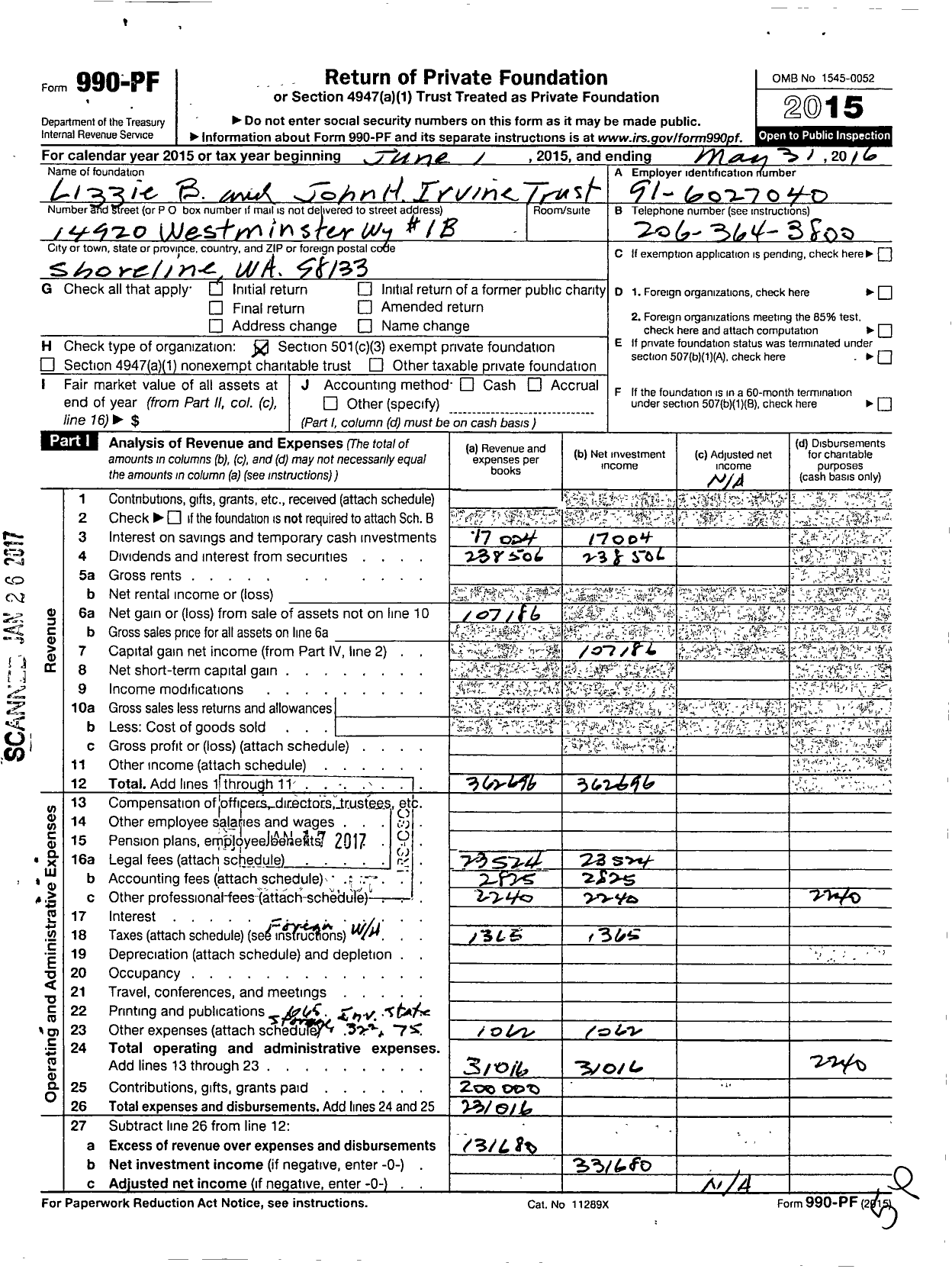 Image of first page of 2015 Form 990PF for Lizzie Brownell Irvine and John H Irvine Testamentary Trust