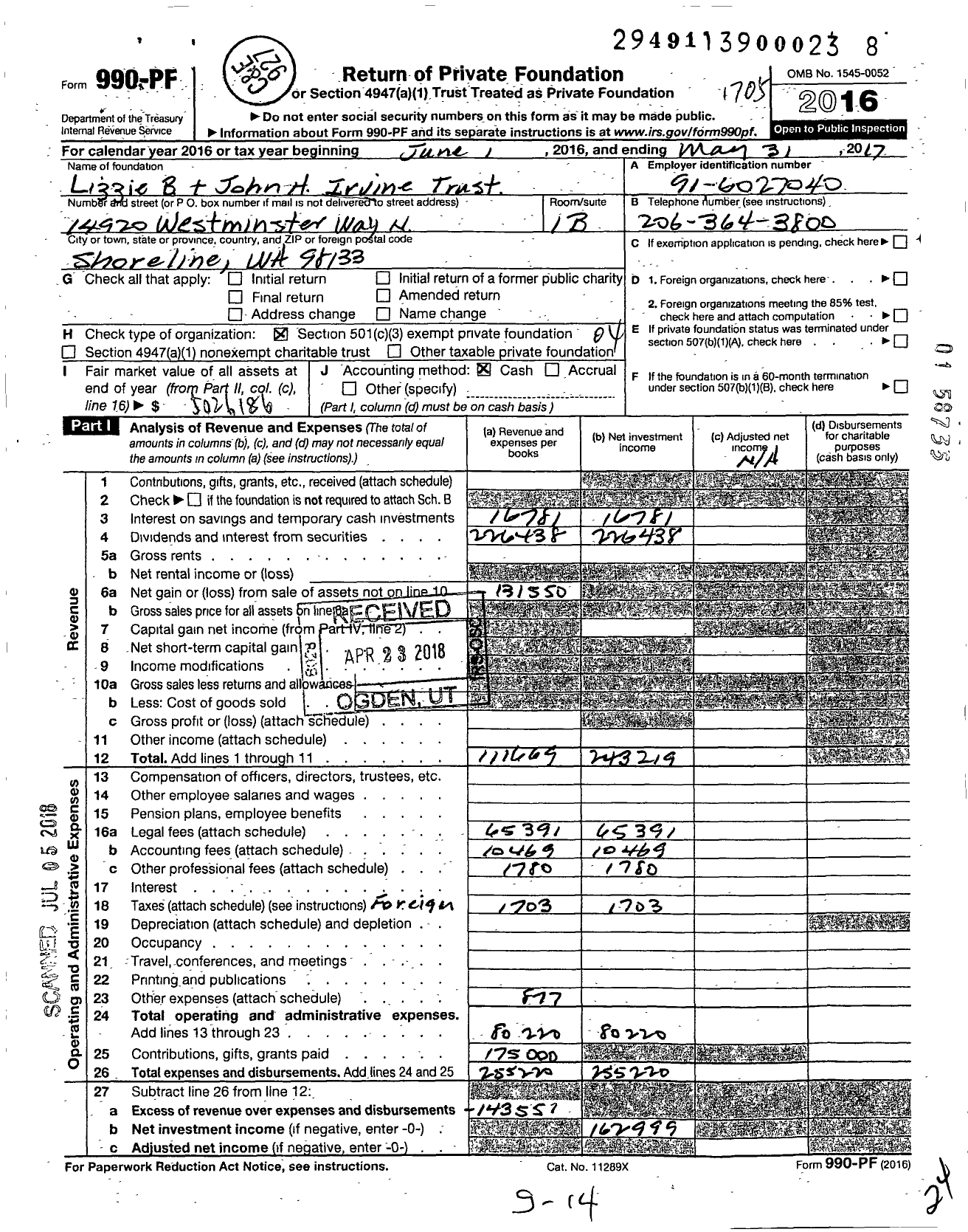 Image of first page of 2016 Form 990PF for Lizzie Brownell Irvine and John H Irvine Testamentary Trust