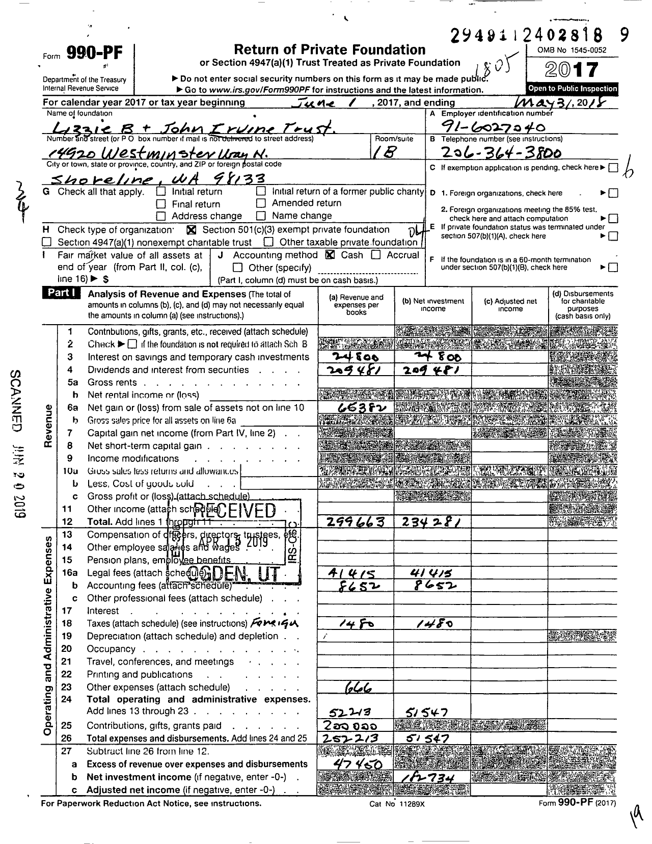 Image of first page of 2017 Form 990PF for Lizzie Brownell Irvine and John H Irvine Testamentary Trust