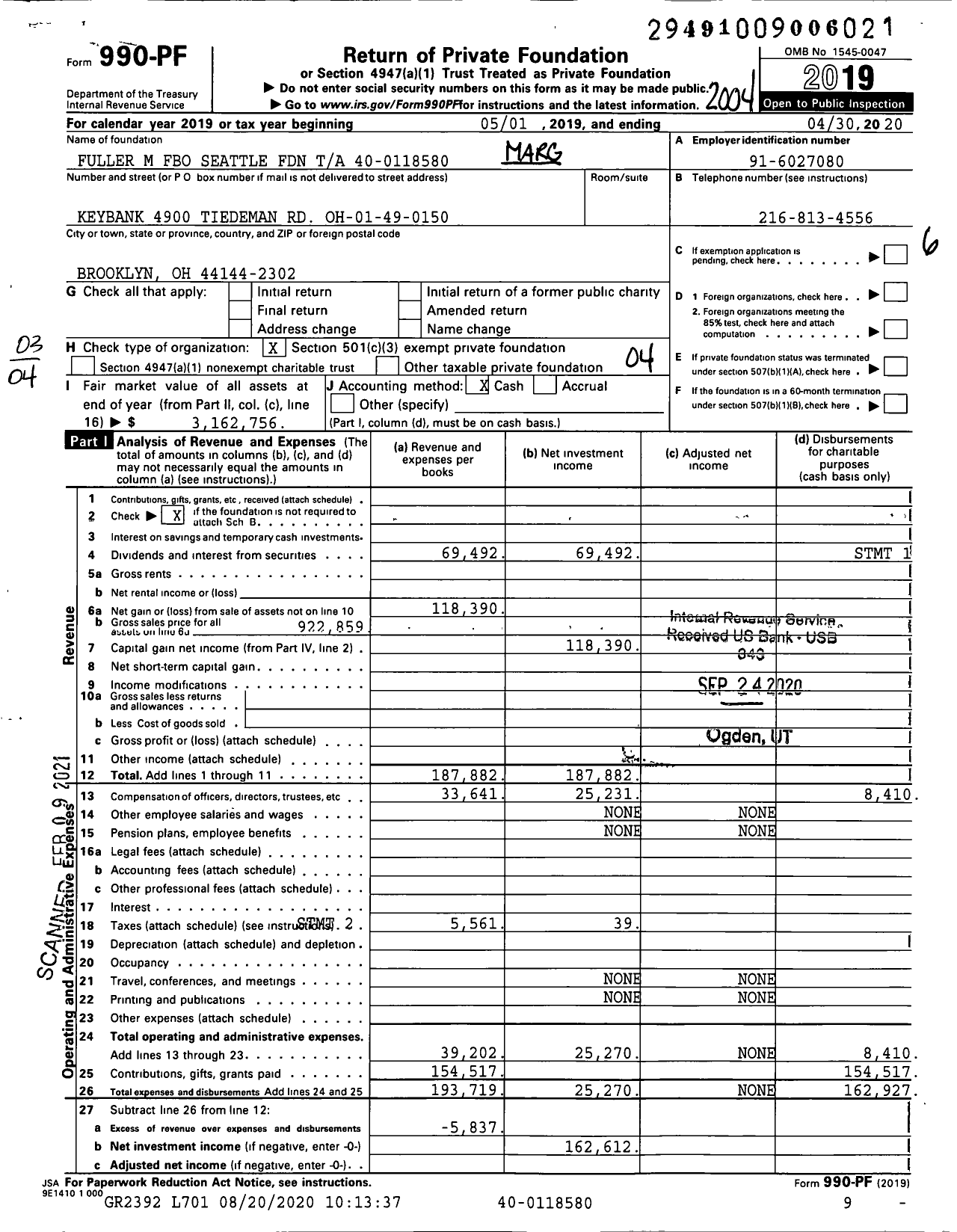 Image of first page of 2019 Form 990PF for Margaret E Fuller Trust