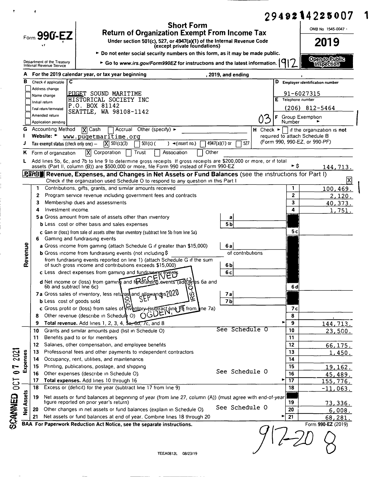 Image of first page of 2019 Form 990EZ for Puget Sound Maritime Historical Society