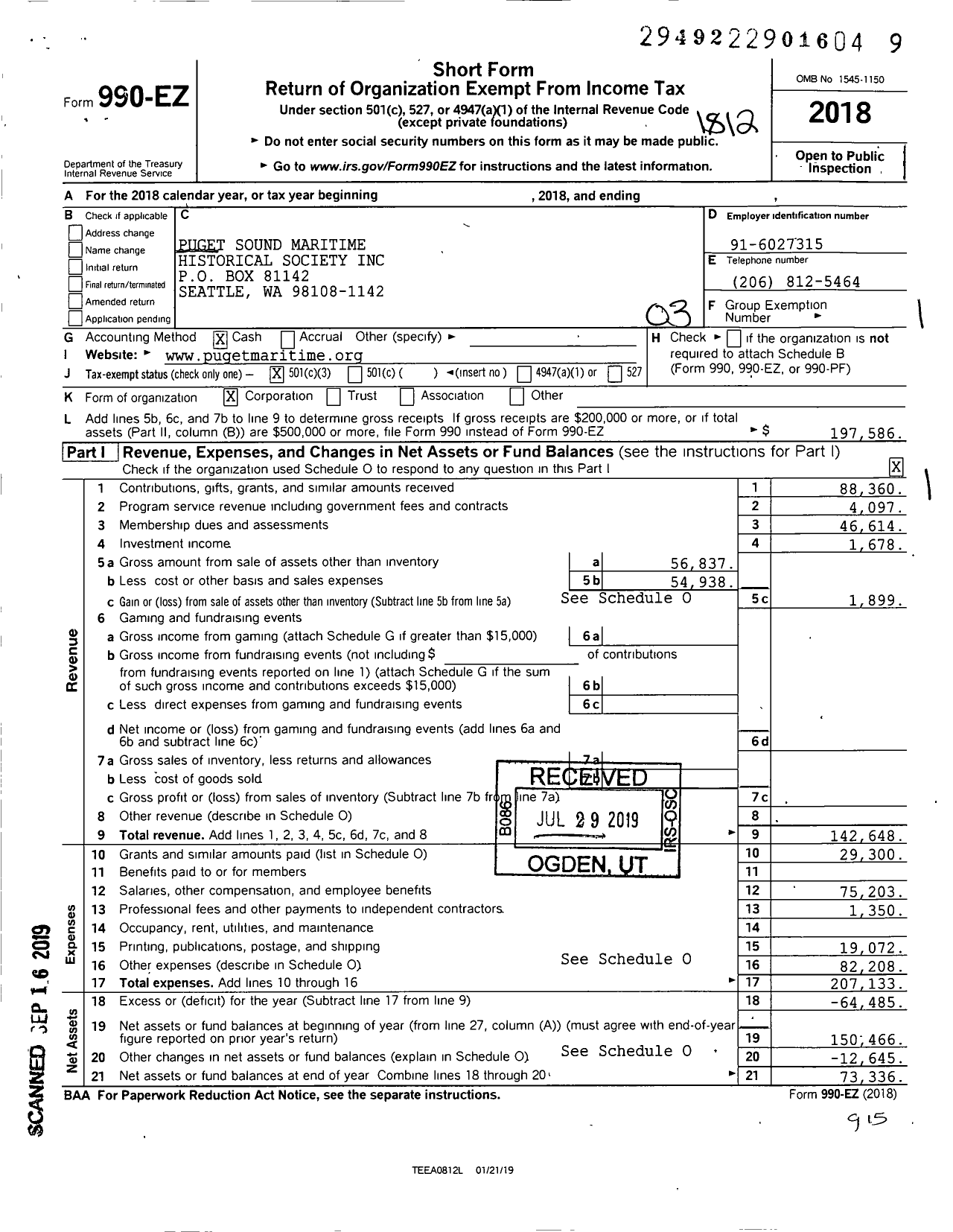 Image of first page of 2018 Form 990EZ for Puget Sound Maritime Historical Society