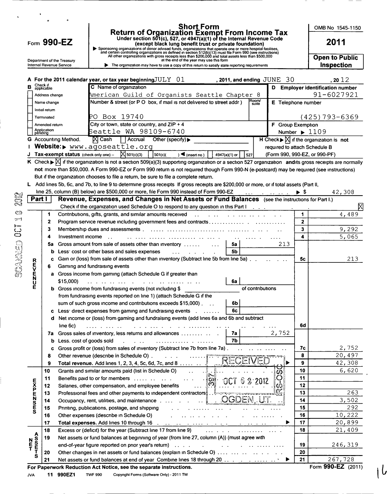 Image of first page of 2011 Form 990EZ for American Guild of Organists Ago - American Guild of Organists Seattle Chapter Ago 2022 Convention