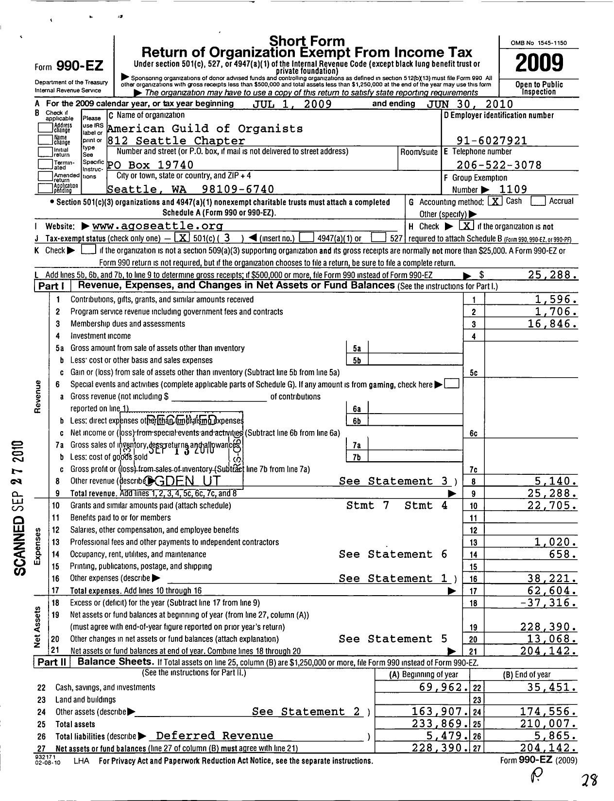 Image of first page of 2009 Form 990EZ for American Guild of Organists Ago - American Guild of Organists Seattle Chapter Ago 2022 Convention