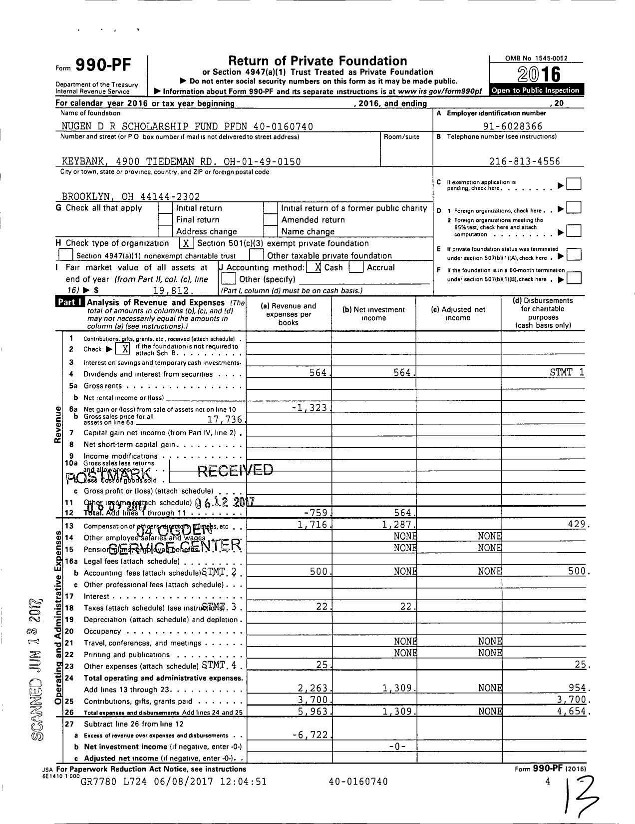 Image of first page of 2016 Form 990PF for Nugen D R Scholarship Fund PFDN