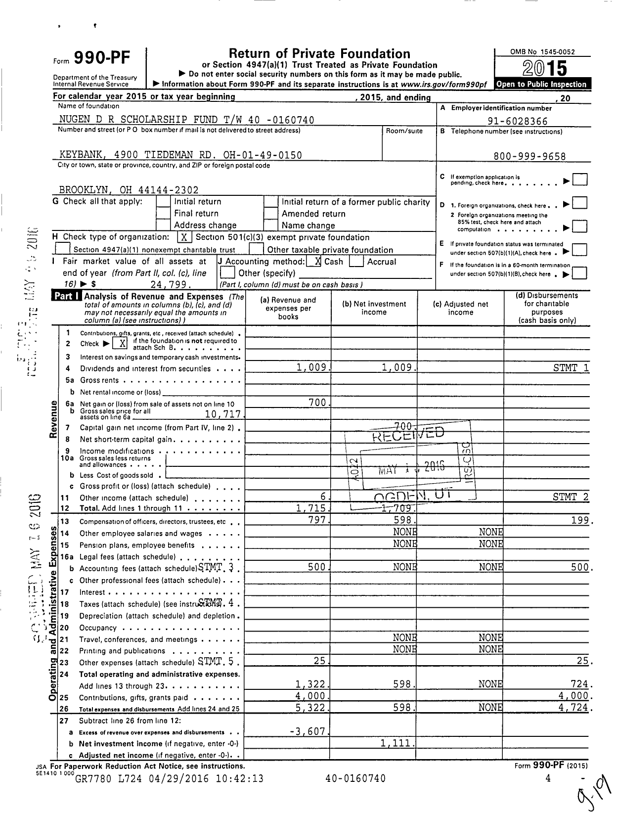 Image of first page of 2015 Form 990PF for Nugen D R Scholarship Fund PFDN