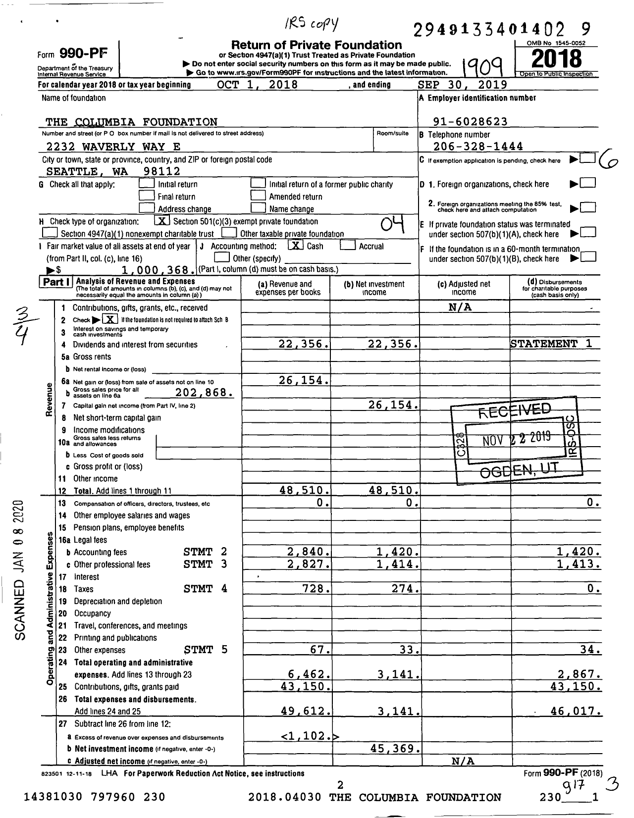 Image of first page of 2018 Form 990PF for The Columbia Foundation