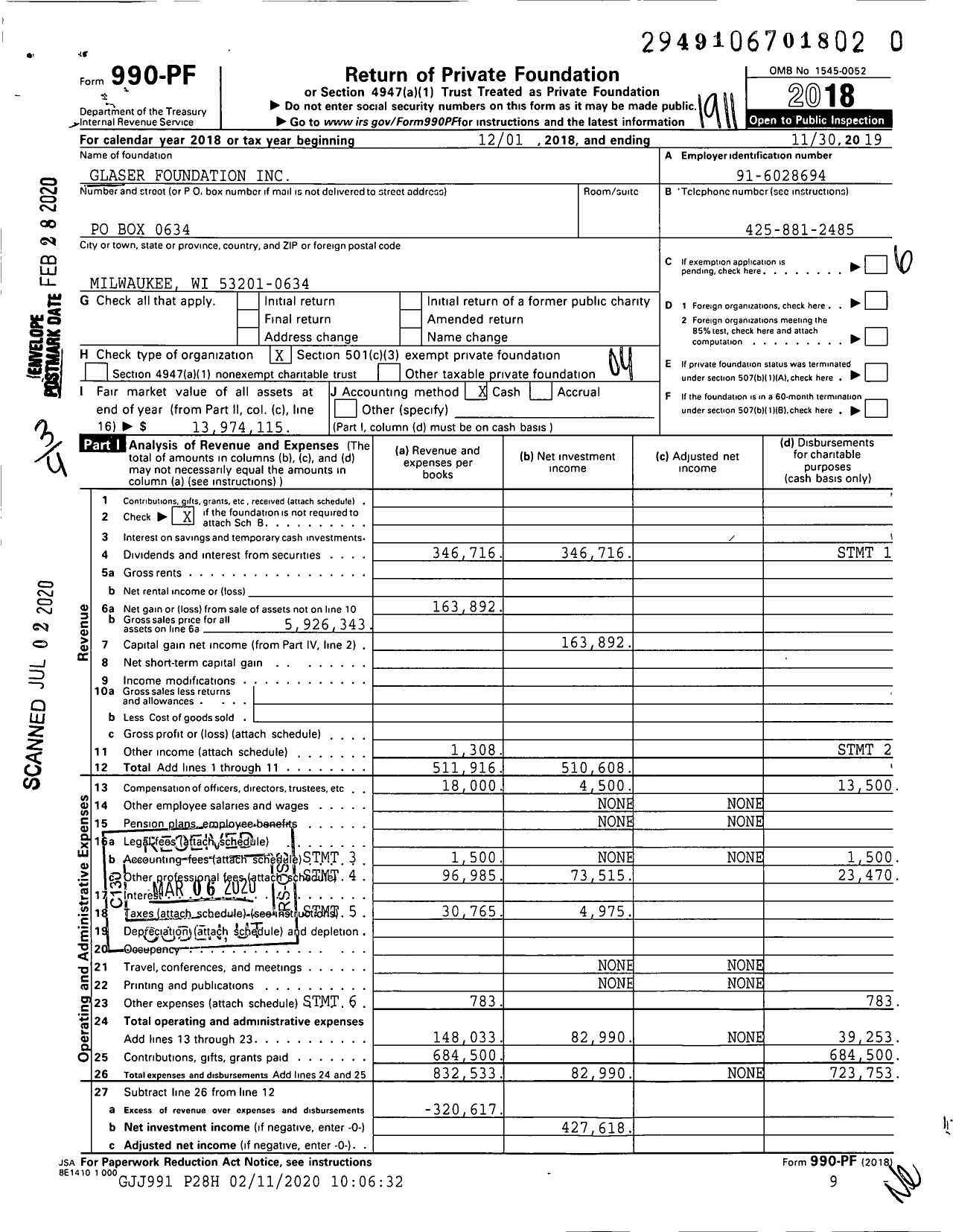 Image of first page of 2018 Form 990PR for Glaser Foundation