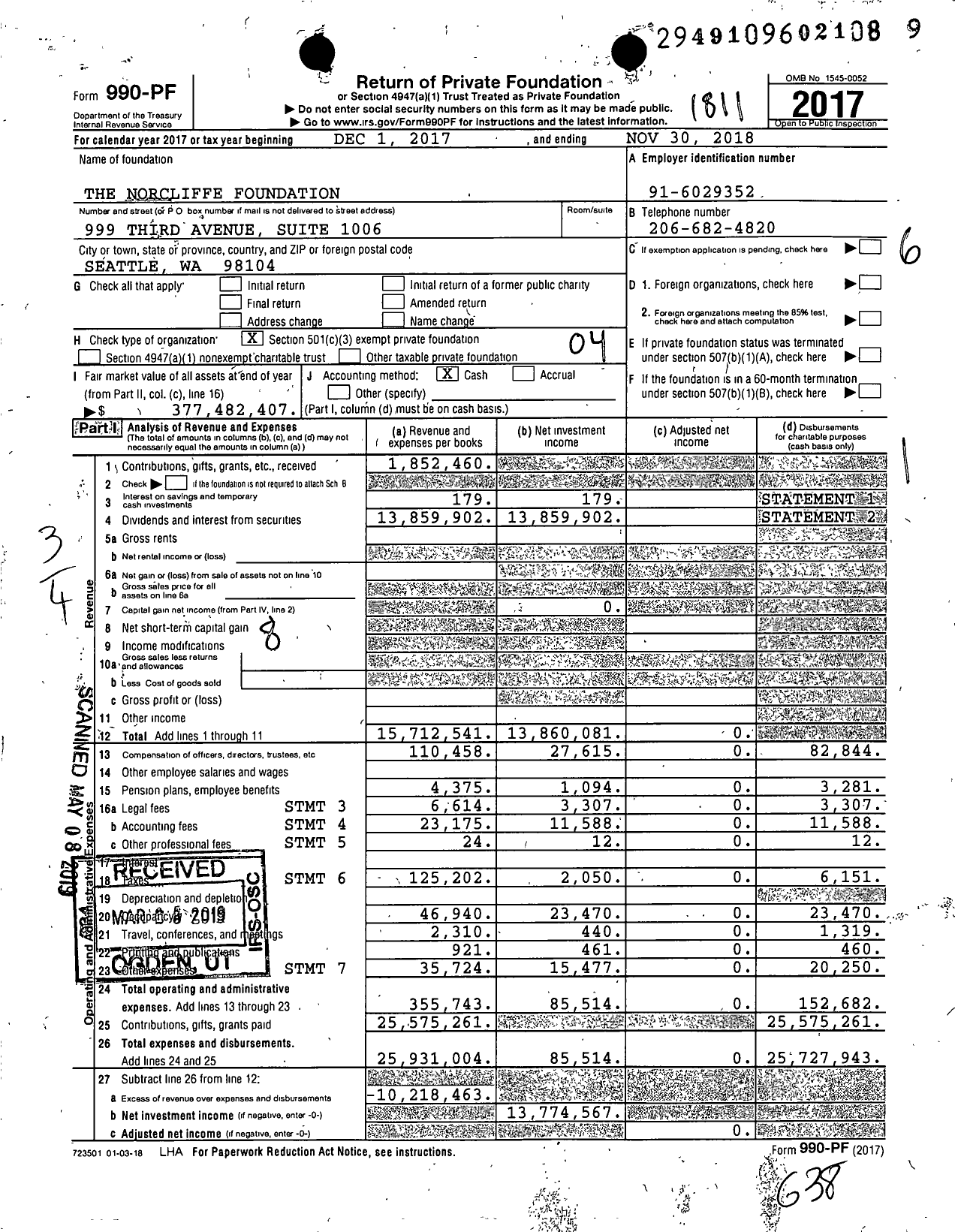 Image of first page of 2017 Form 990PF for The Norcliffe Foundation