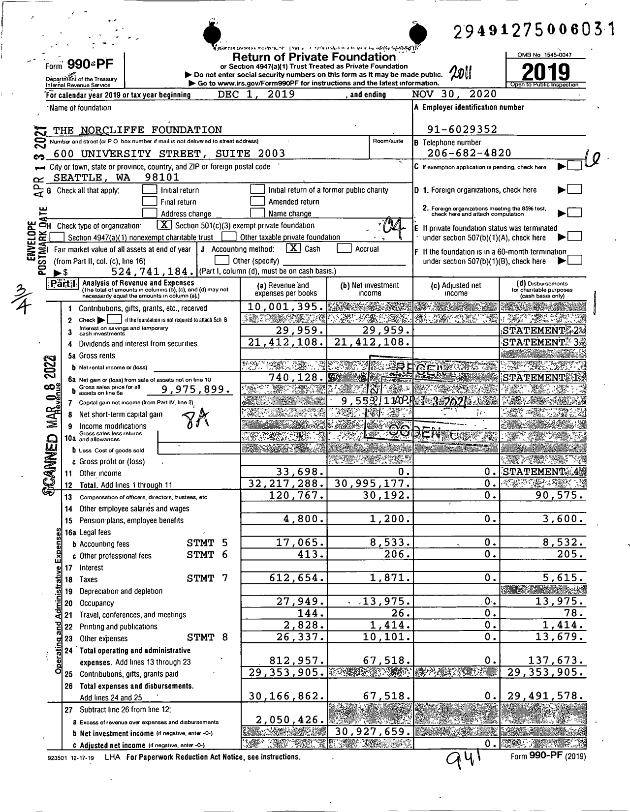 Image of first page of 2019 Form 990PF for The Norcliffe Foundation