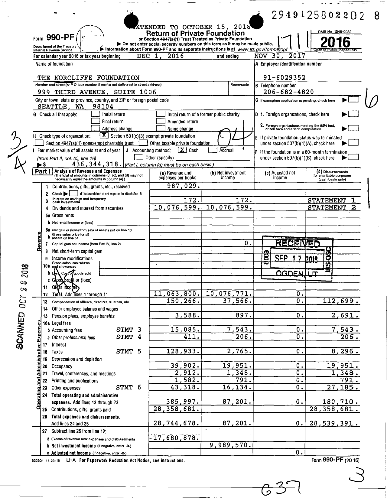 Image of first page of 2016 Form 990PF for The Norcliffe Foundation