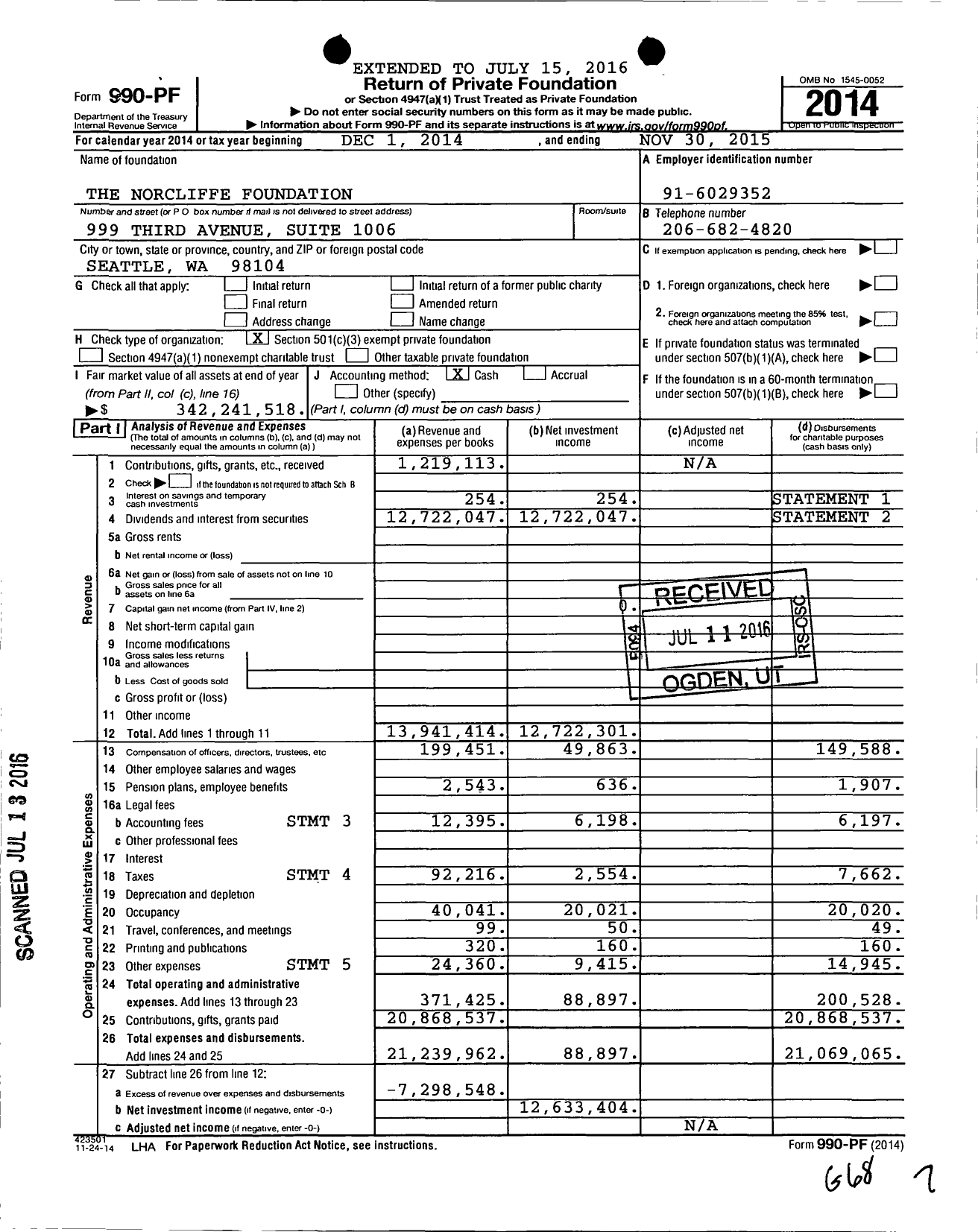 Image of first page of 2014 Form 990PF for The Norcliffe Foundation