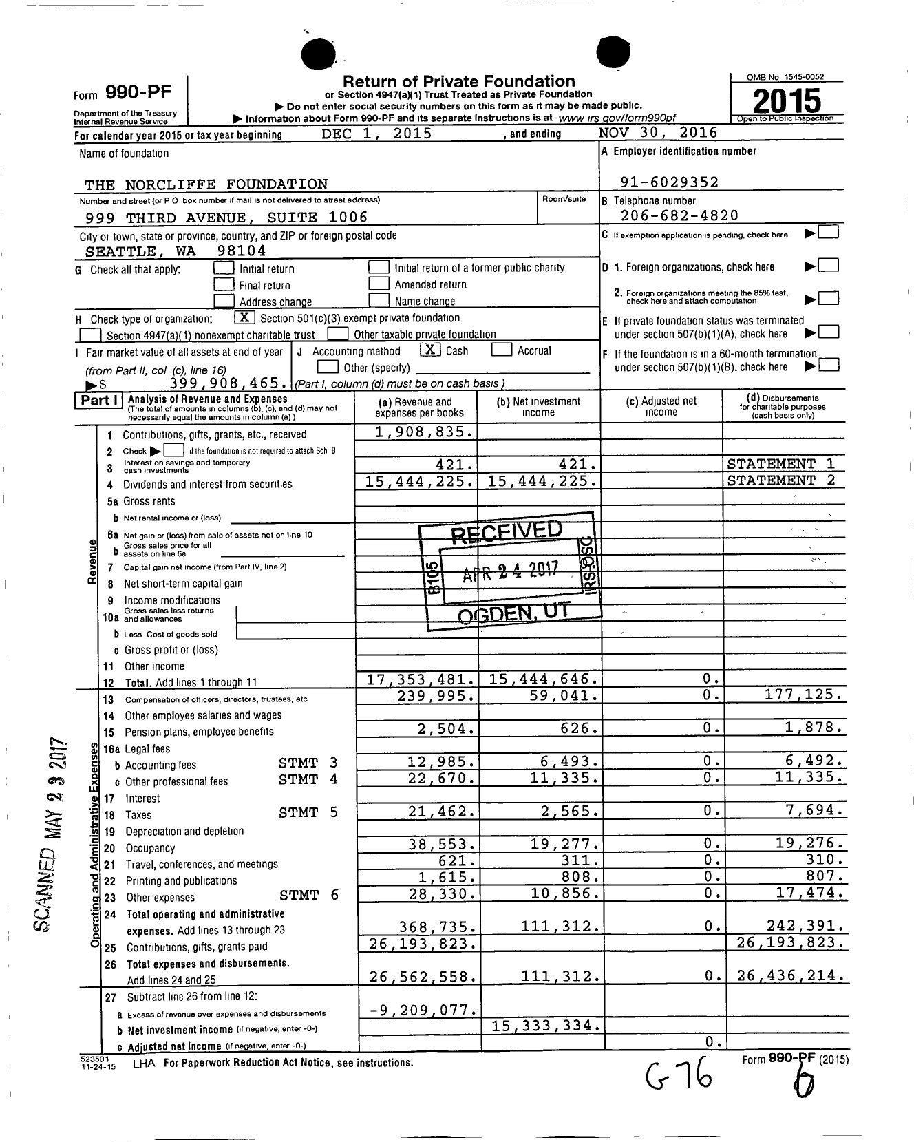 Image of first page of 2015 Form 990PF for The Norcliffe Foundation