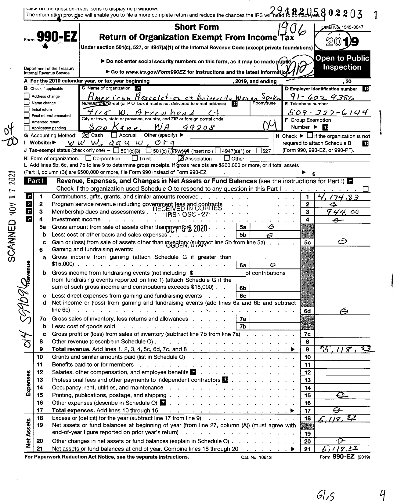 Image of first page of 2018 Form 990EO for American Association of University Women / Spokane