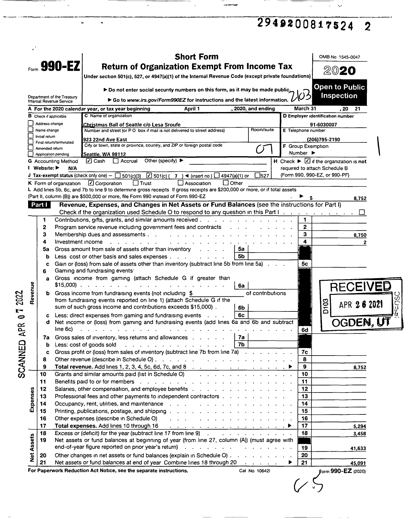 Image of first page of 2020 Form 990EO for Christmas Ball of Seattle