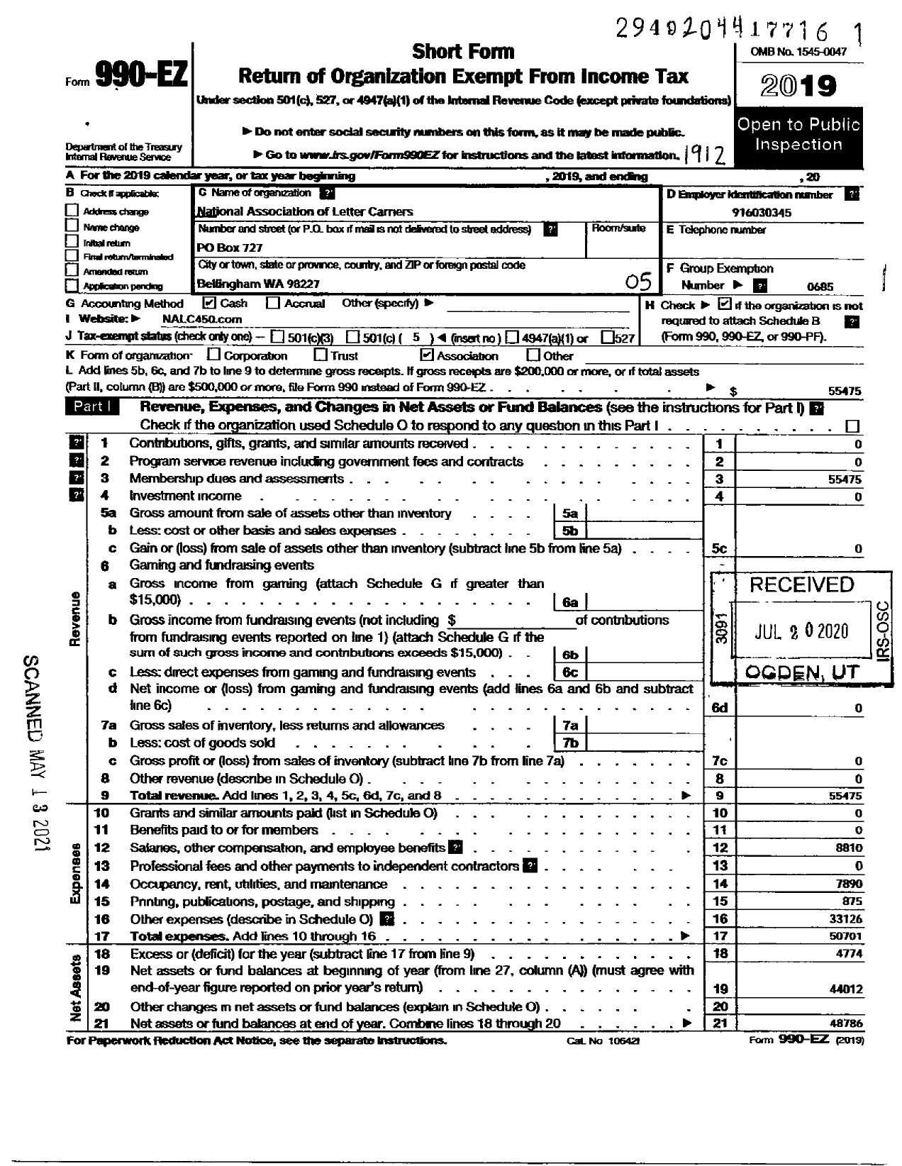 Image of first page of 2019 Form 990EO for National Association of Letter Carriers - 0450 North Sound Washington