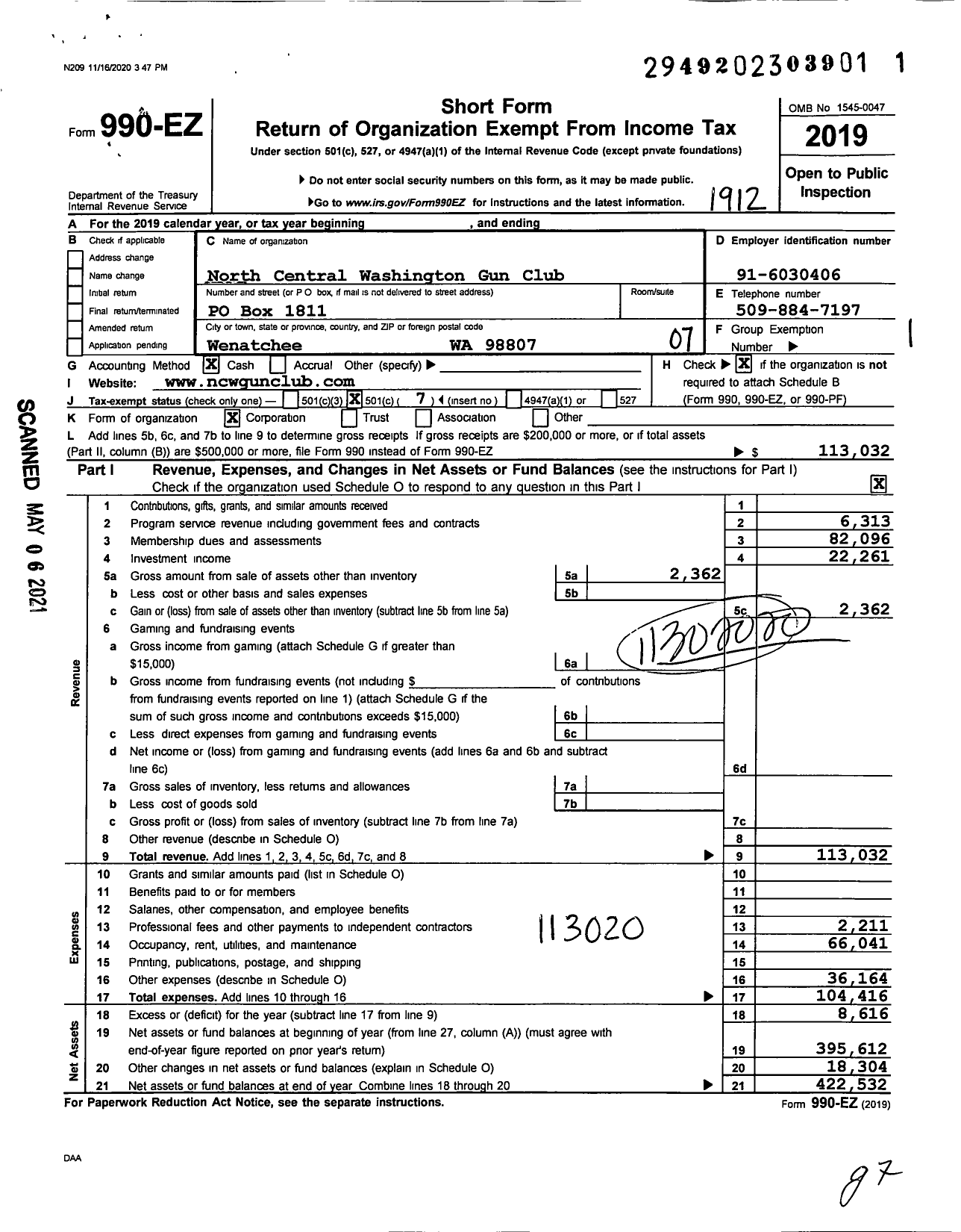 Image of first page of 2019 Form 990EO for North Central Washington Gun Club