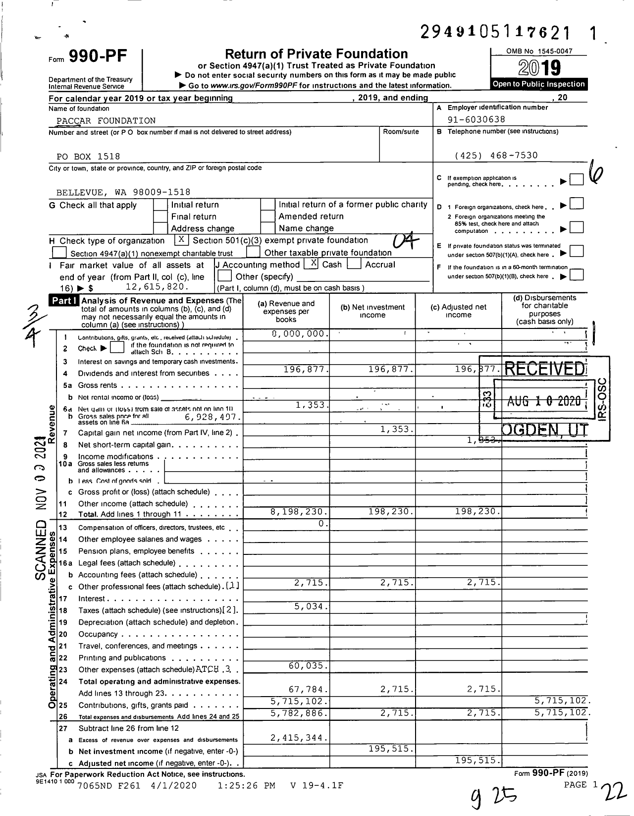 Image of first page of 2019 Form 990PF for Paccar