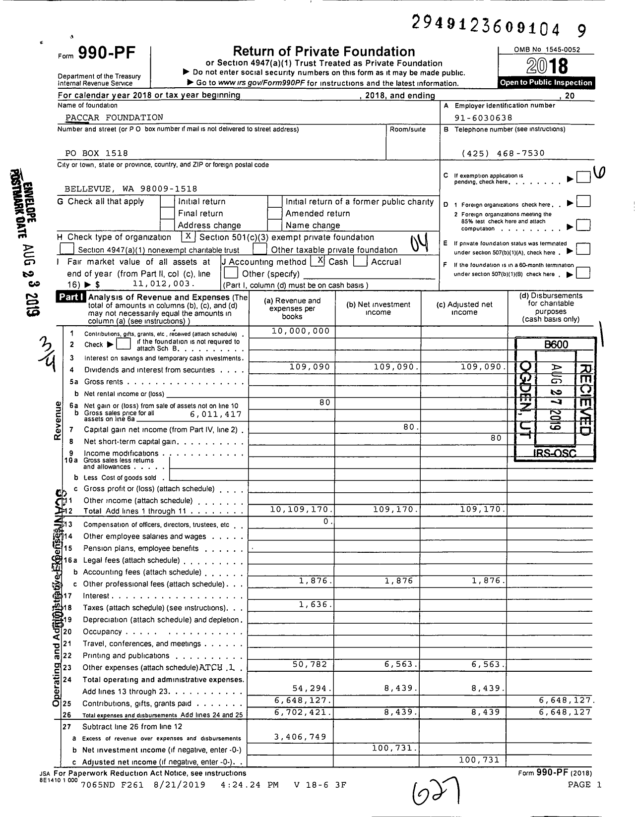 Image of first page of 2018 Form 990PF for Paccar